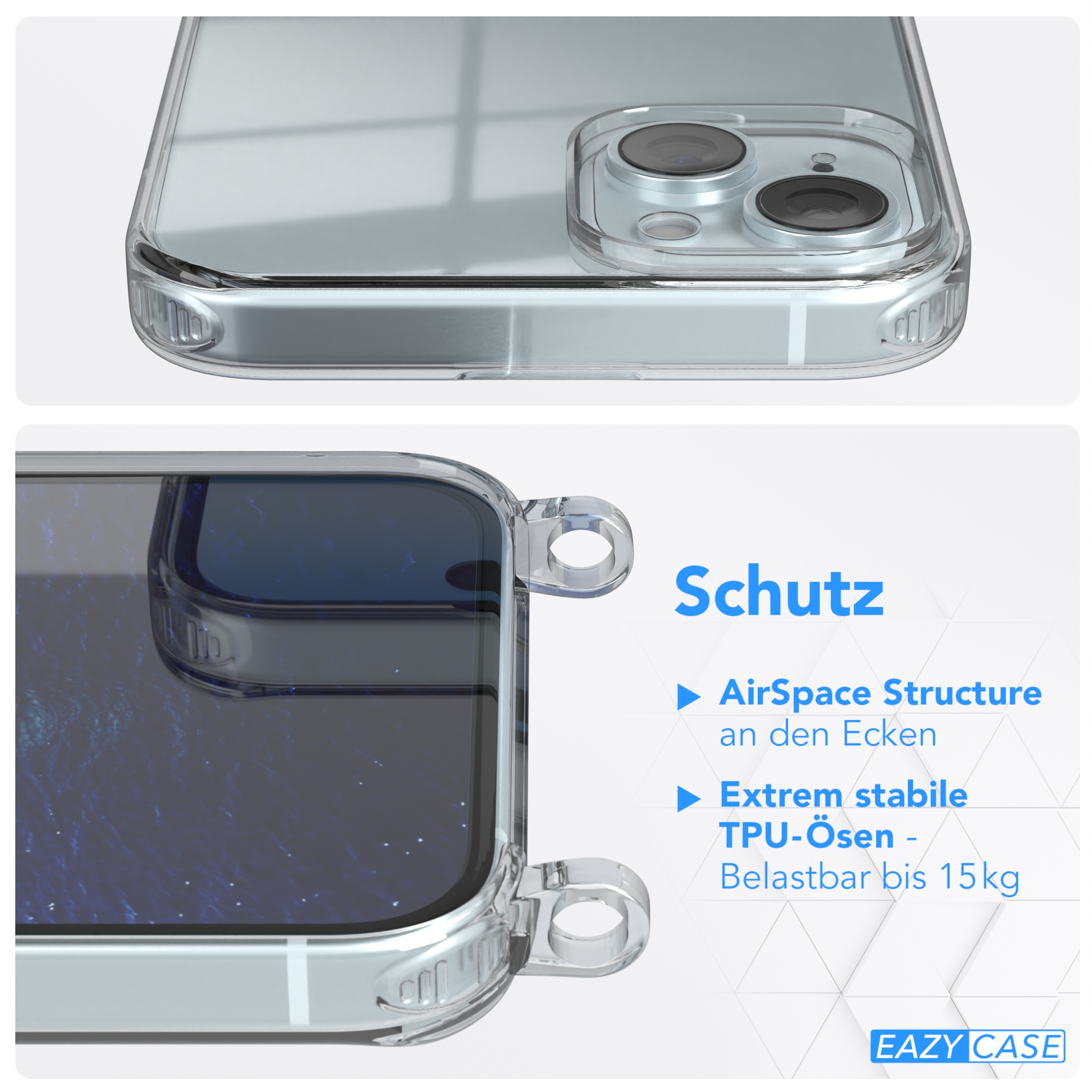 Nahaufnahme einer transparenten Handyhülle mit einem Telefon darin. Die Hülle hat verstärkte Ecken und Löcher.