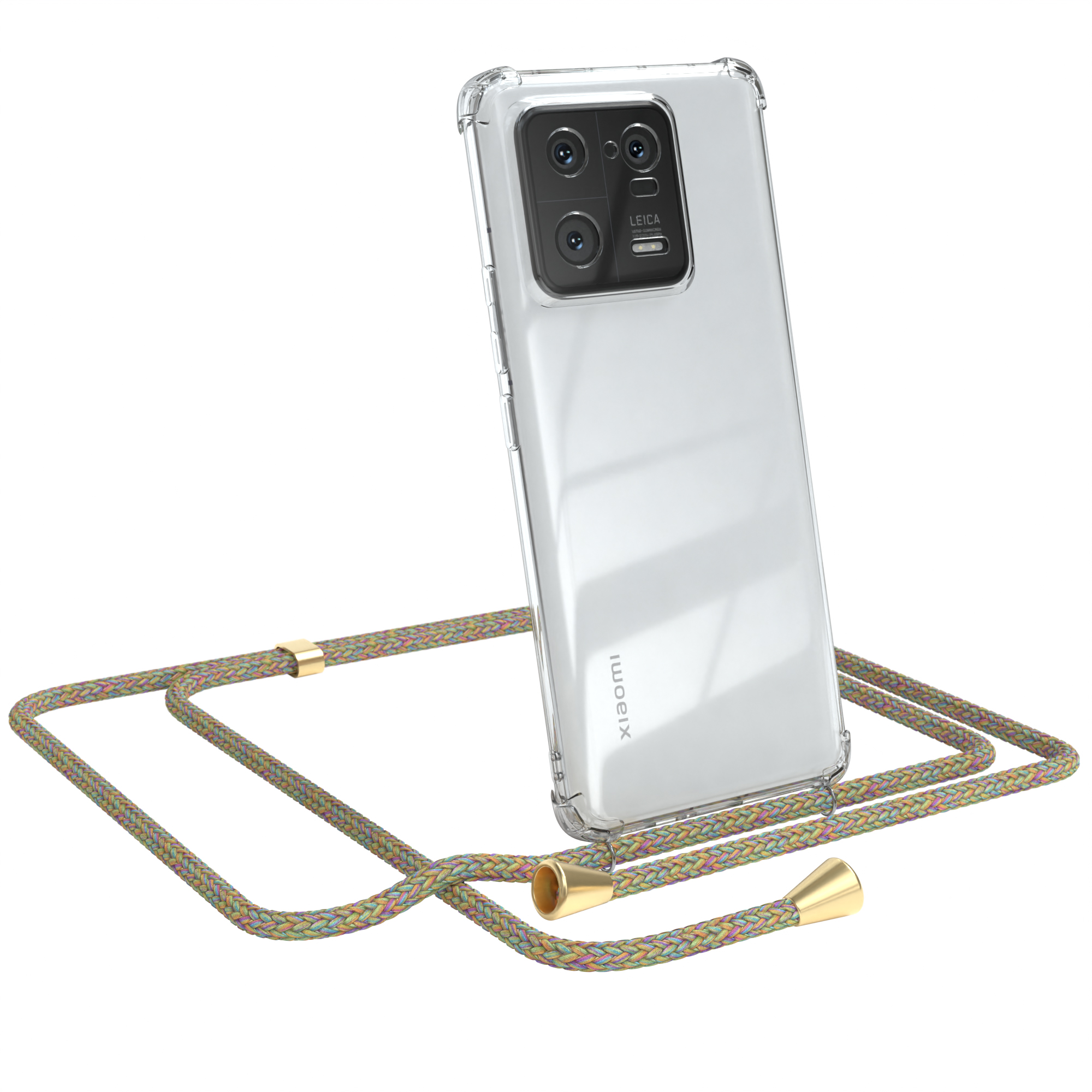 Transparente Handyhülle mit mehrfarbigem Lanyard. Xiaomi-Telefon sichtbar. Weißer Hintergrund.