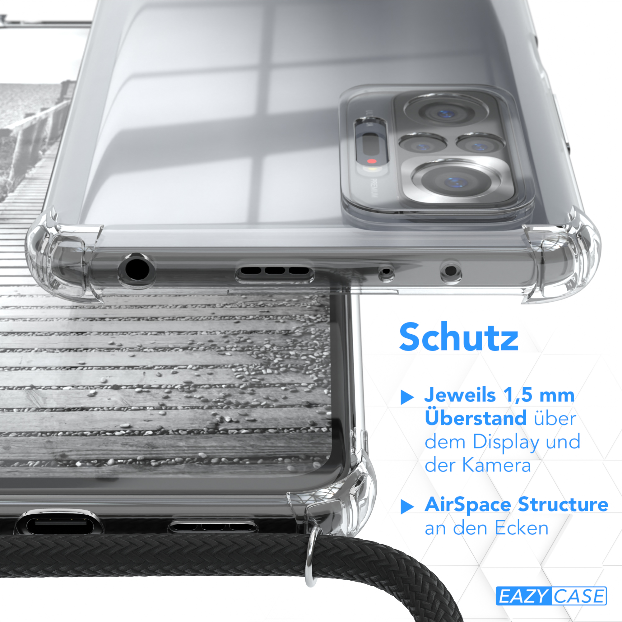 Umhängeband, Redmi 10 Schwarz mit EAZY CASE Cover Clear Note Pro, Umhängetasche, Xiaomi,
