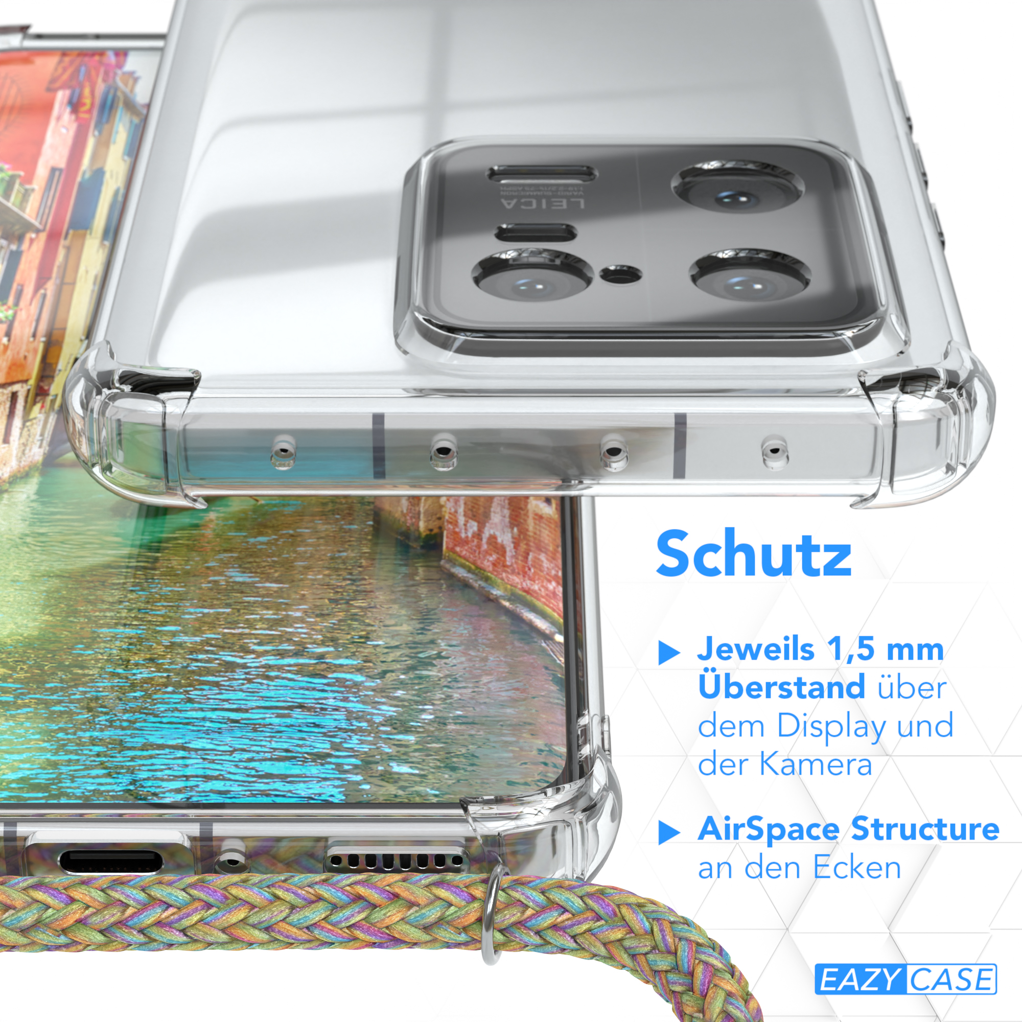 Nahaufnahme einer transparenten Handyhülle mit Lanyard. Text an der Seite lautet Schutz.
