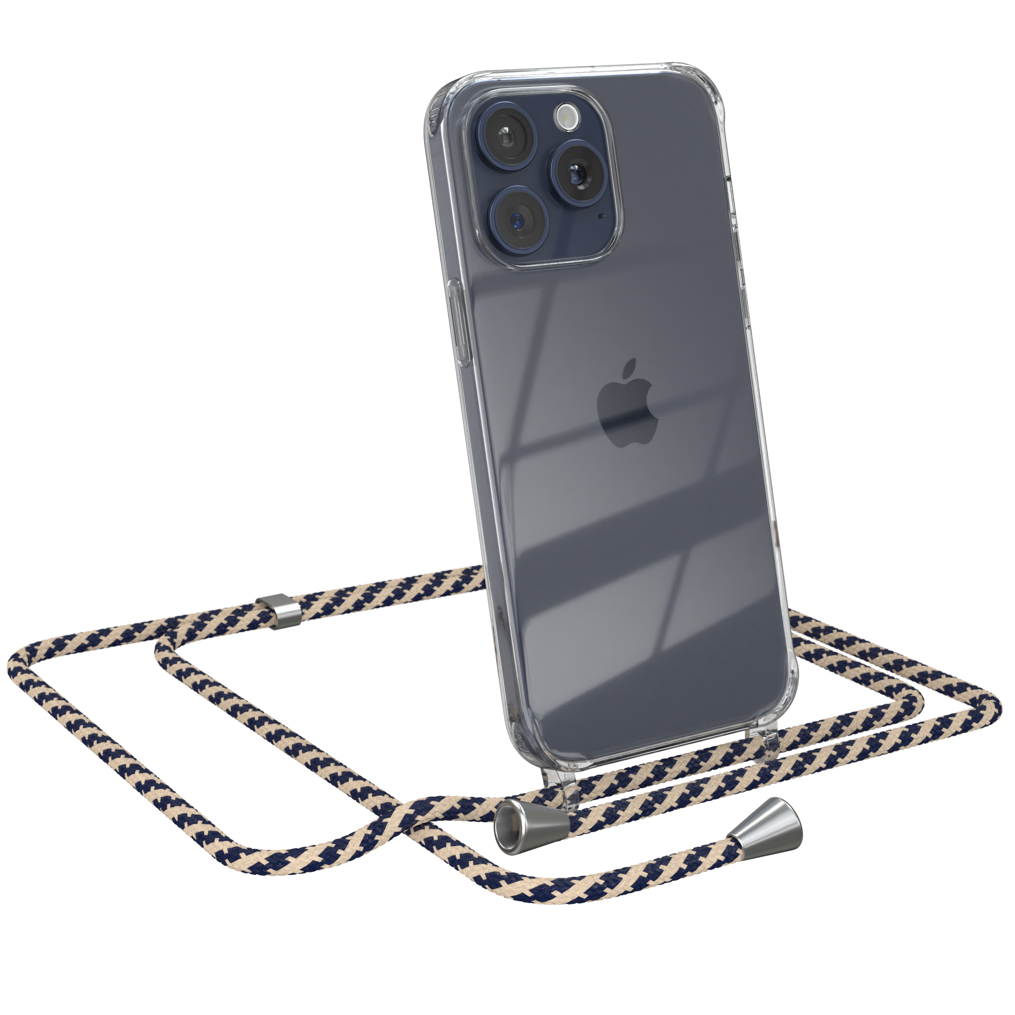 Iphone in transparenter Hülle mit beigem und marineblauem Umhängeband. Telefon abgewinkelt, Kamera weg.