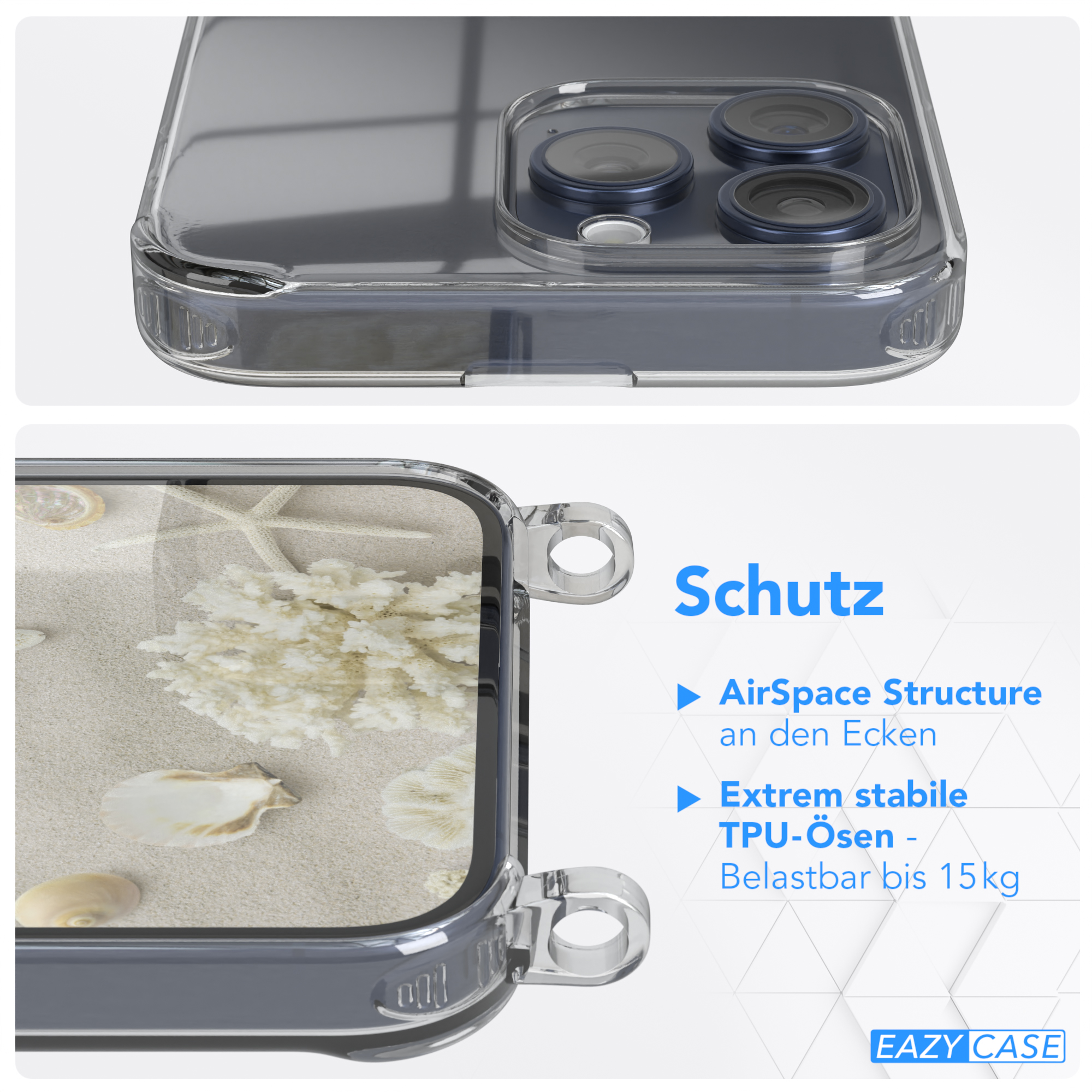 Handyhülle mit Sand und Muscheln. Details zeigen AirSpace Structure an Ecken und TPU-Ösen.