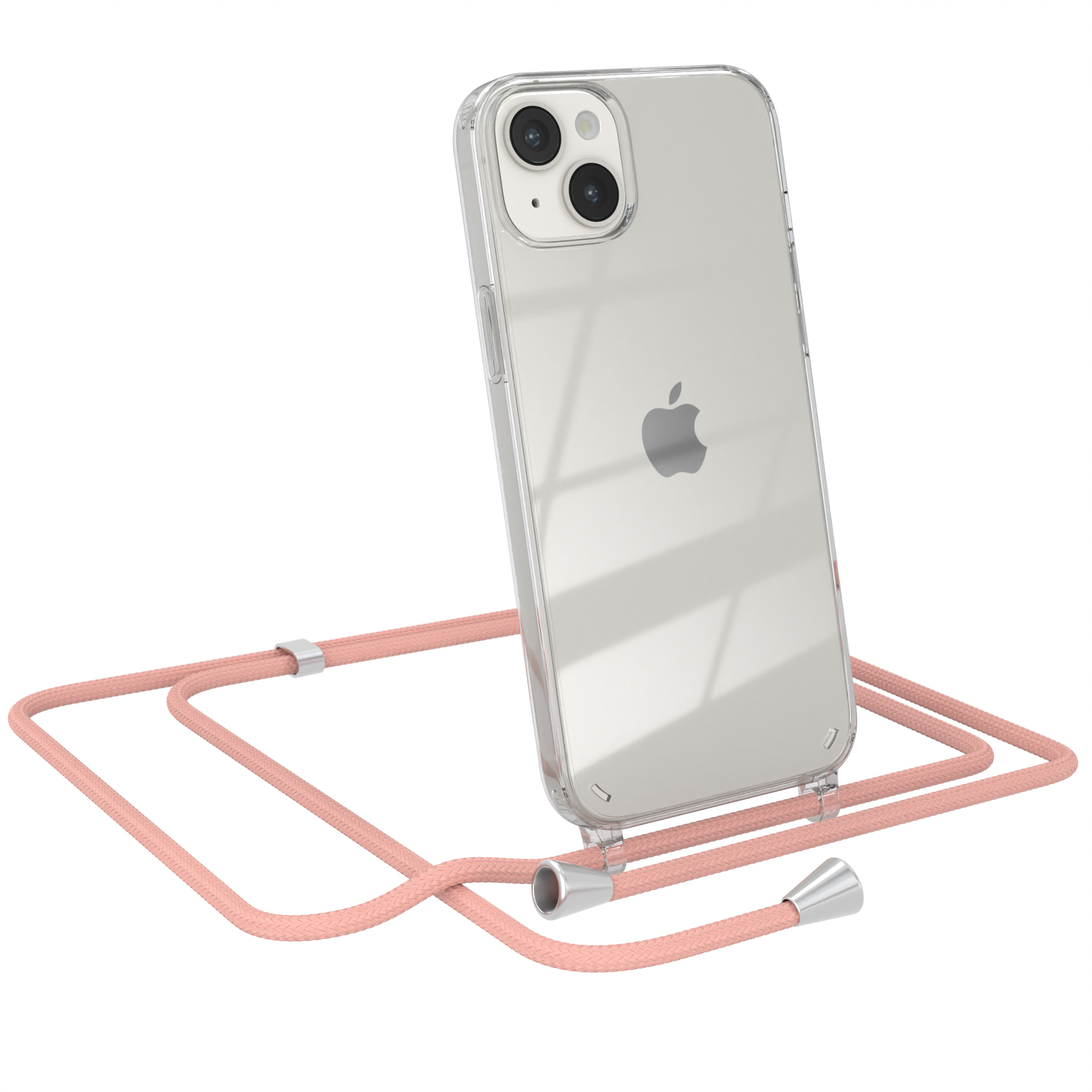 Transparente Handyhülle mit rosa Kordel. Apple-Telefon sichtbar. Auf weißem Grund.