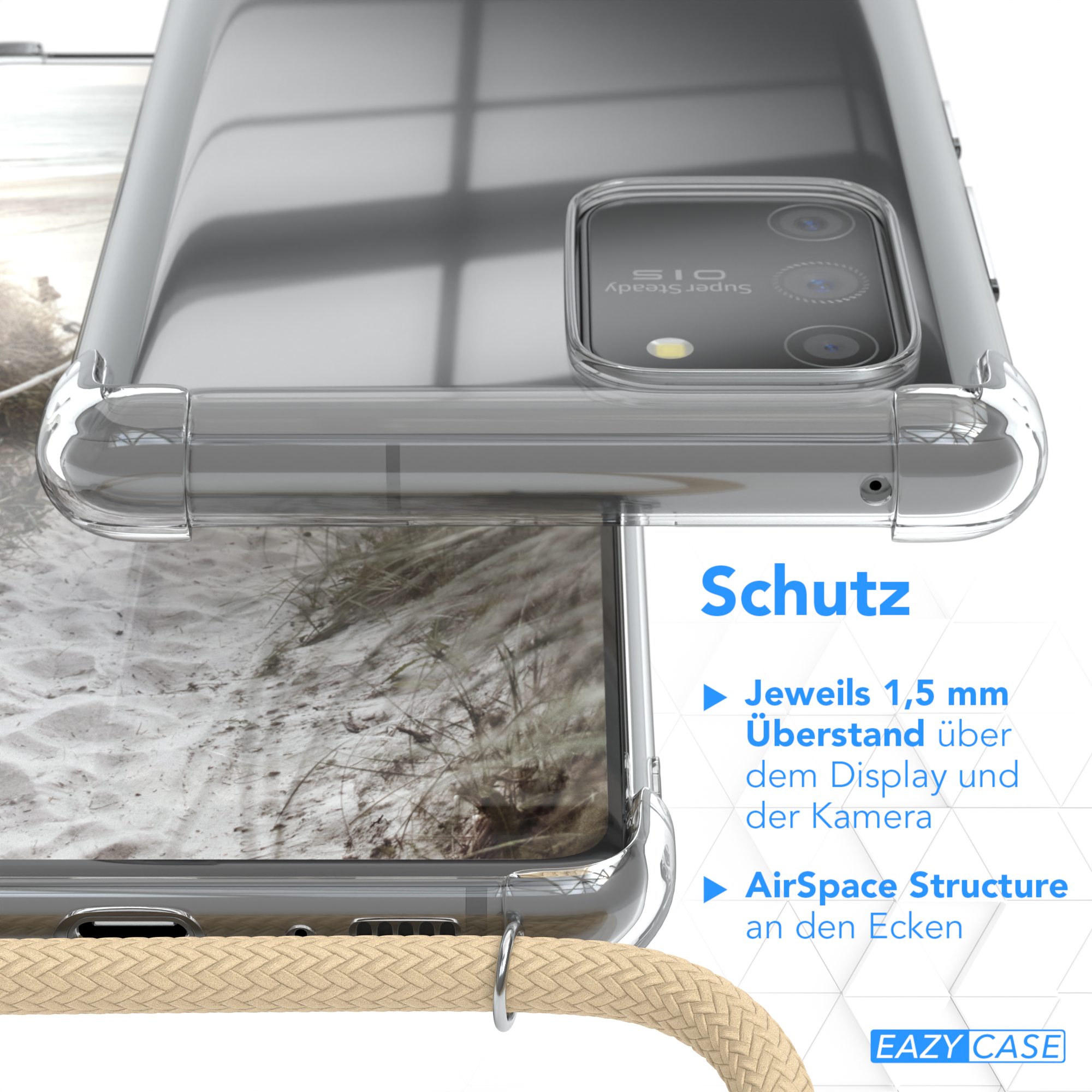 Transparente Handyhülle mit Strandfoto. Die Hülle schützt Display und Kamera. Weißer Hintergrund.