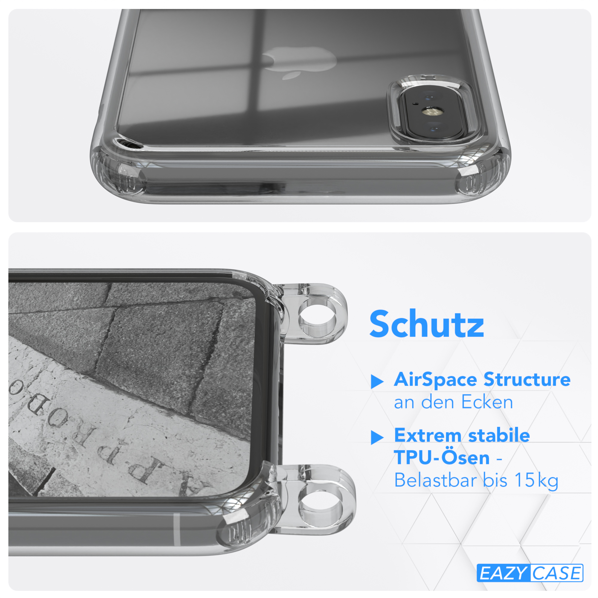 EAZY CASE Clear Cover mit Apple, Umhängeband, Anthrazit Max, iPhone Umhängetasche, XS