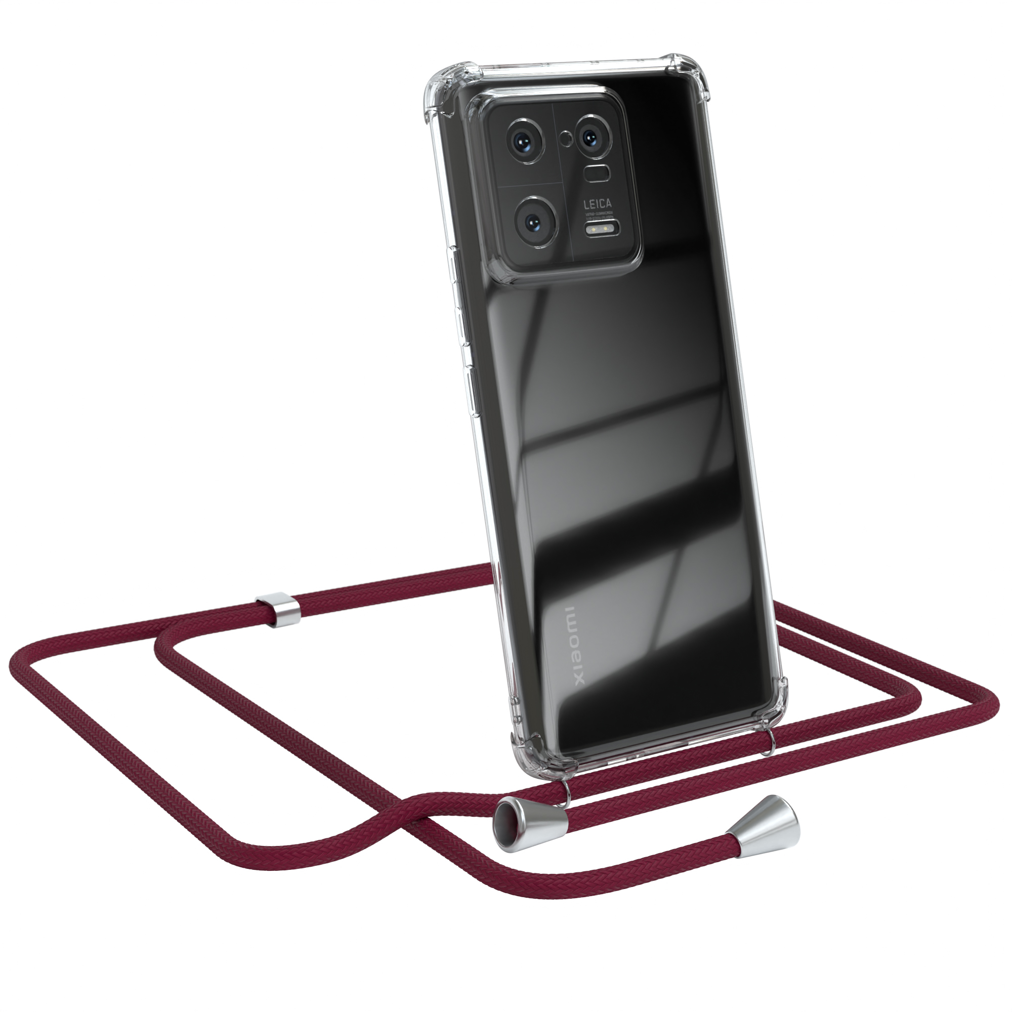 Transparente Handyhülle mit rotem Band. Das Telefon hat drei Rückkameras.