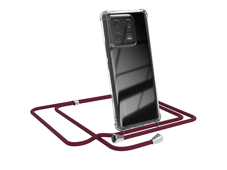 EAZY CASE Clear Cover mit Umhängeband, Umhängetasche, Xiaomi, 13 Pro, Bordeaux Rot / Clips Silber