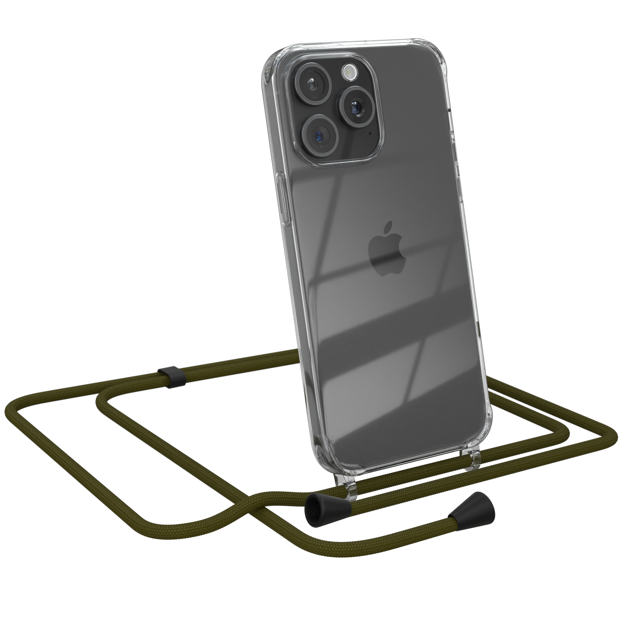 Telefon in klarer Hülle mit grünem Umhängeband. Telefon geneigt, Kameras zeigend. Weißer Hintergrund.