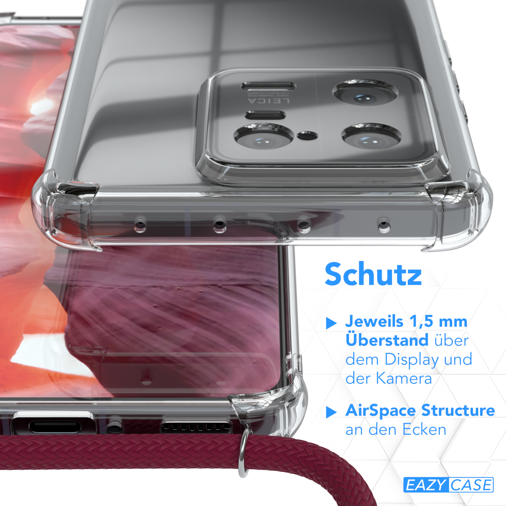 Xiaomi, / Pro, Cover EAZY mit Umhängetasche, Clips Bordeaux Silber Rot Clear CASE Umhängeband, 13