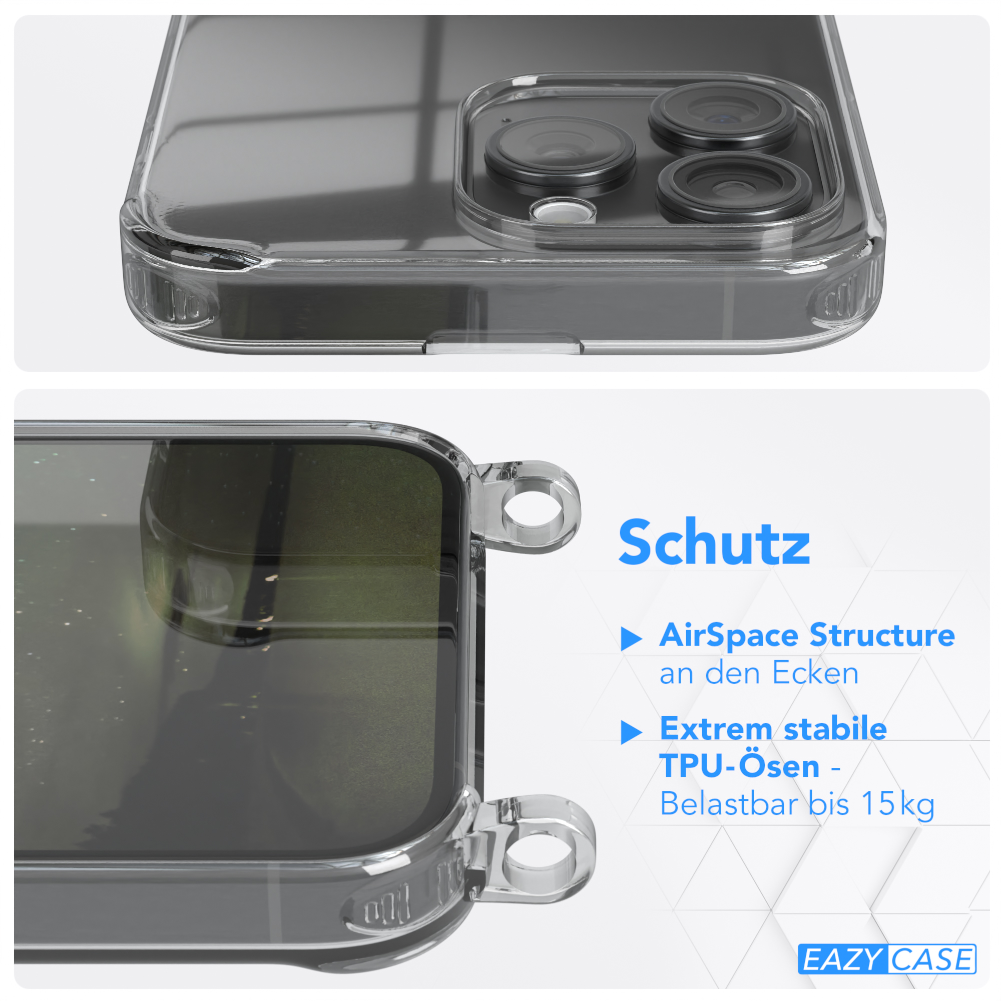 Nahaufnahme einer transparenten Handyhülle mit Details zum Schutz, einschließlich AirSpace Structure und TPU.