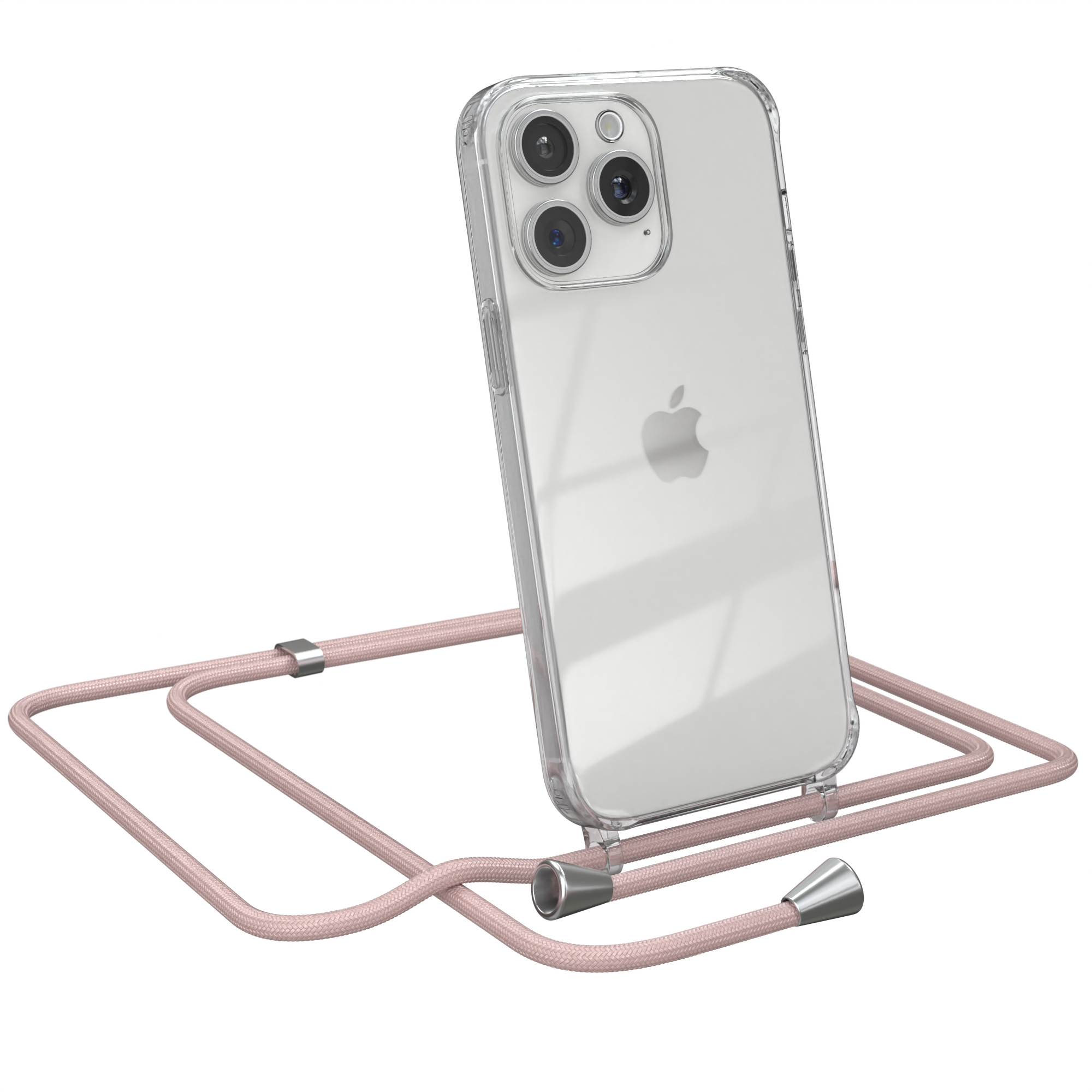 Transparente Handyhülle mit rosa Band. Das Telefon hat drei Kameras und ein silbernes Apple-Logo.