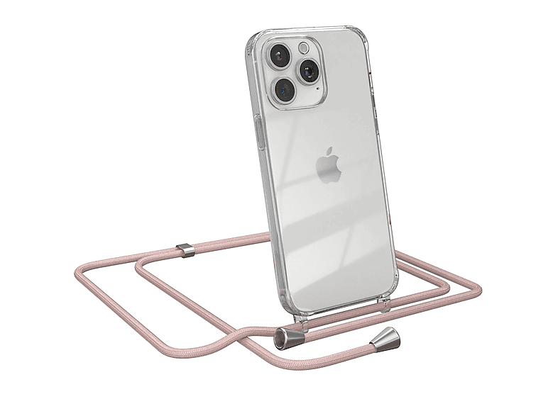 EAZY CASE Clear Cover mit Umhängeband, Umhängetasche, Apple, iPhone 15 Pro Max, Rosé / Clips Silber