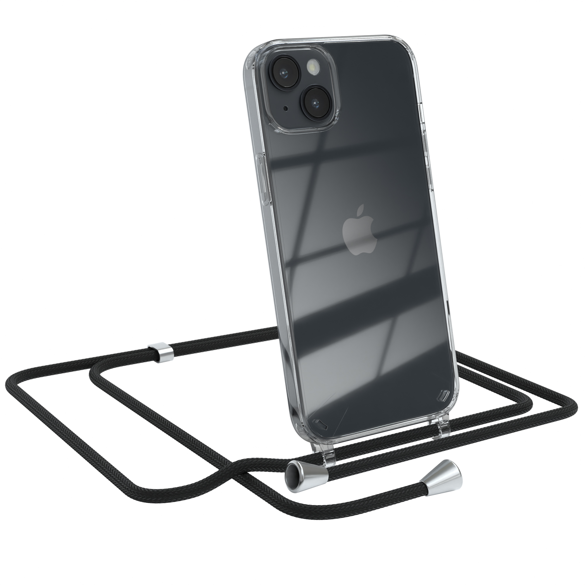 Transparente Handyhülle mit schwarzem Umhängeband, Apple-Logo sichtbar.