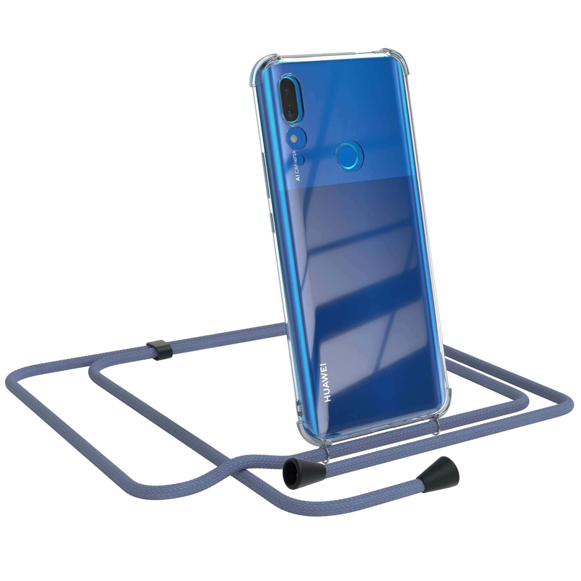 Blaues Telefon in einer durchsichtigen Hülle mit blauem Umhängeband. Weißer Hintergrund.