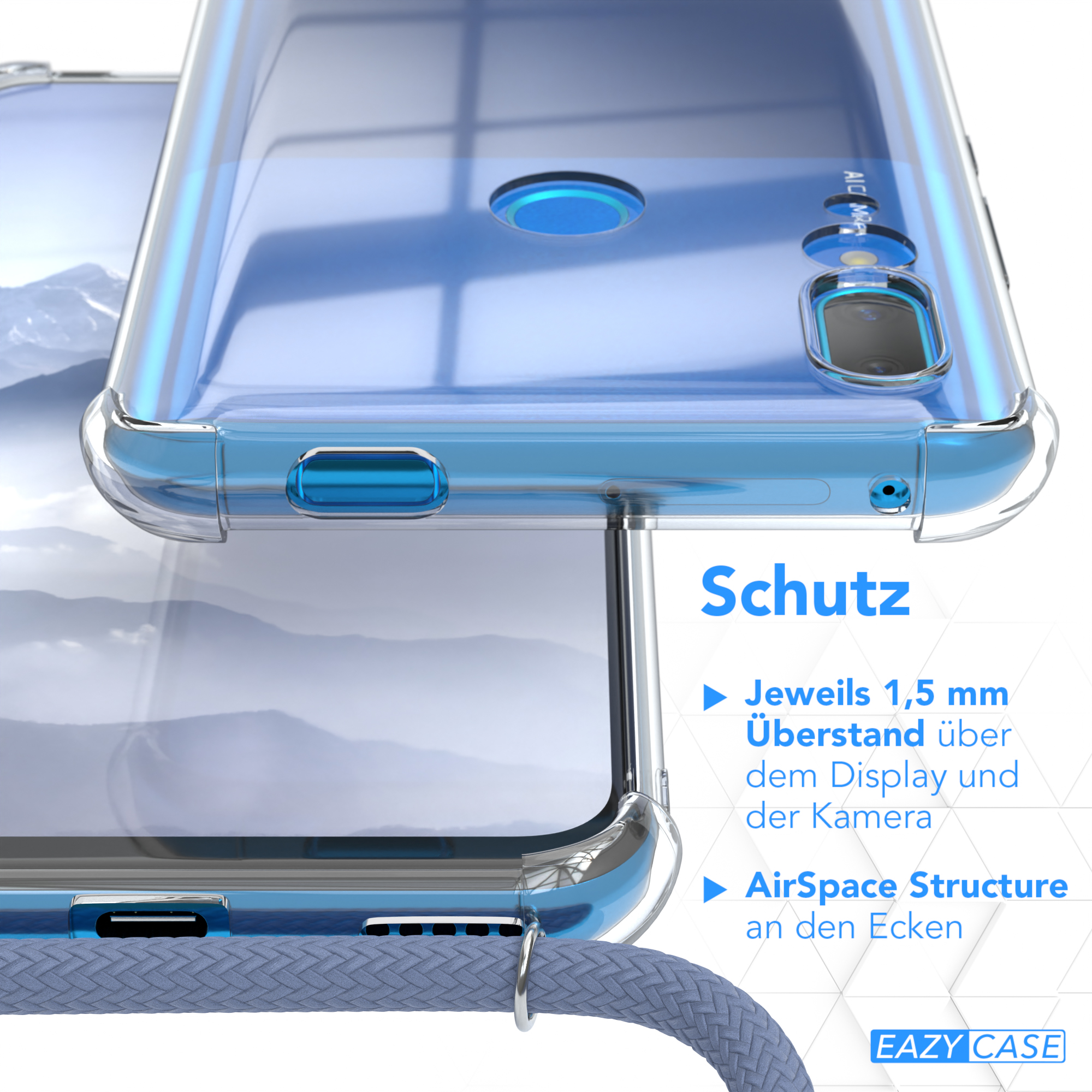 Transparente Handyhülle in Nahaufnahme. Es gibt Details auf Deutsch: Schutz und AirSpace-Struktur.