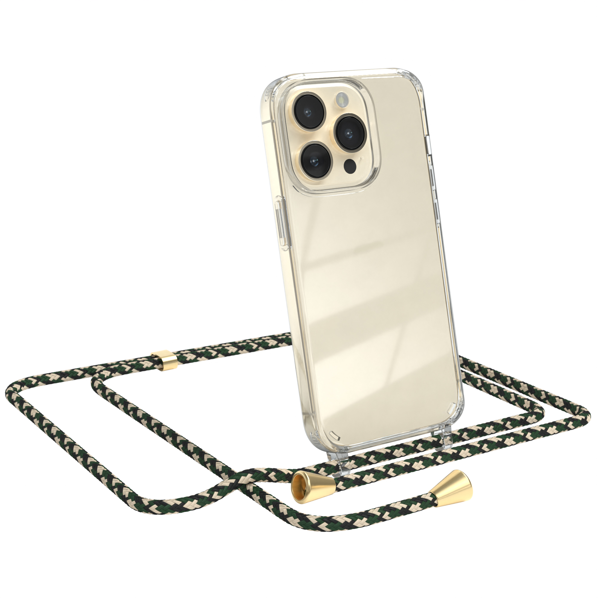 EAZY CASE Clear Cover Clips mit Apple, Pro, Umhängetasche, Umhängeband, Gold Camouflage / iPhone Grün 14