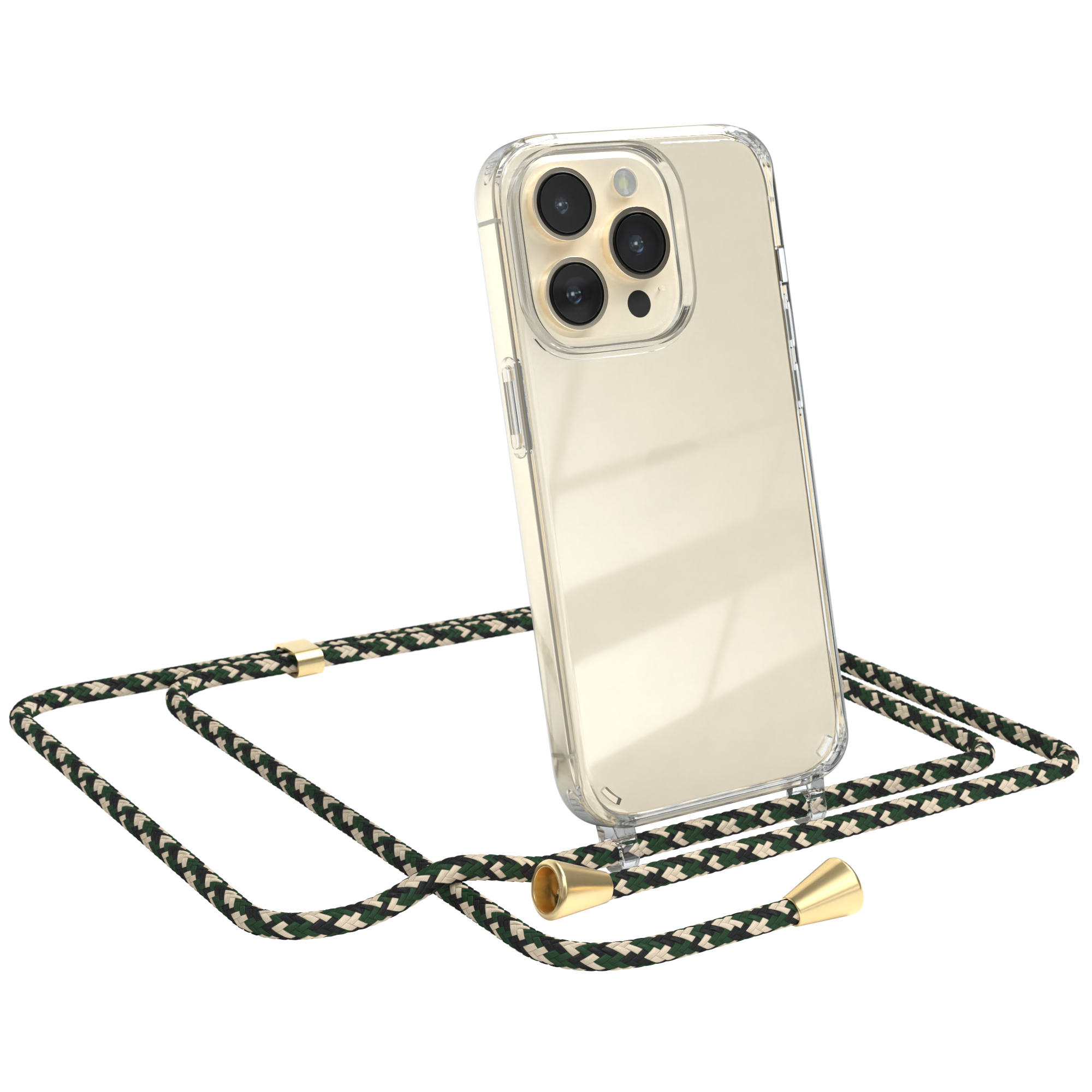 Transparente Handyhülle mit grün-braunem Riemen, Apple-Telefon. Weißer Hintergrund.