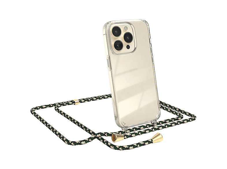EAZY CASE Clear Cover mit Umhängeband, Umhängetasche, Apple, iPhone 14 Pro, Grün Camouflage / Clips Gold | Handyketten