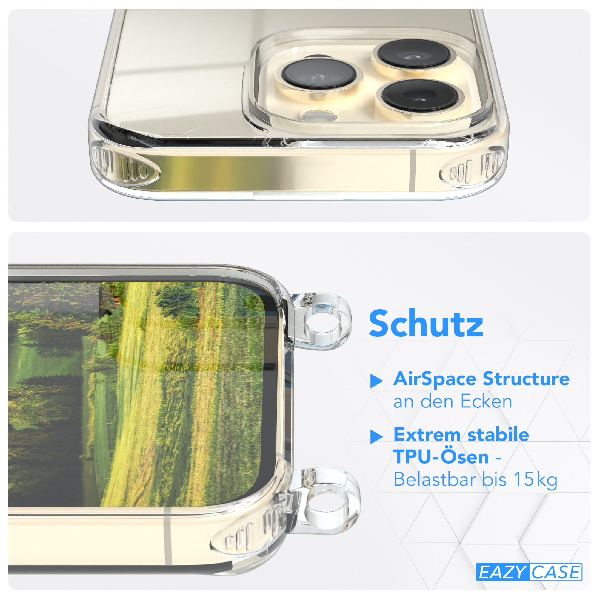 Nahaufnahme einer Handyhülle mit transparentem Rücken, die die Rückseite eines Telefons zeigt.