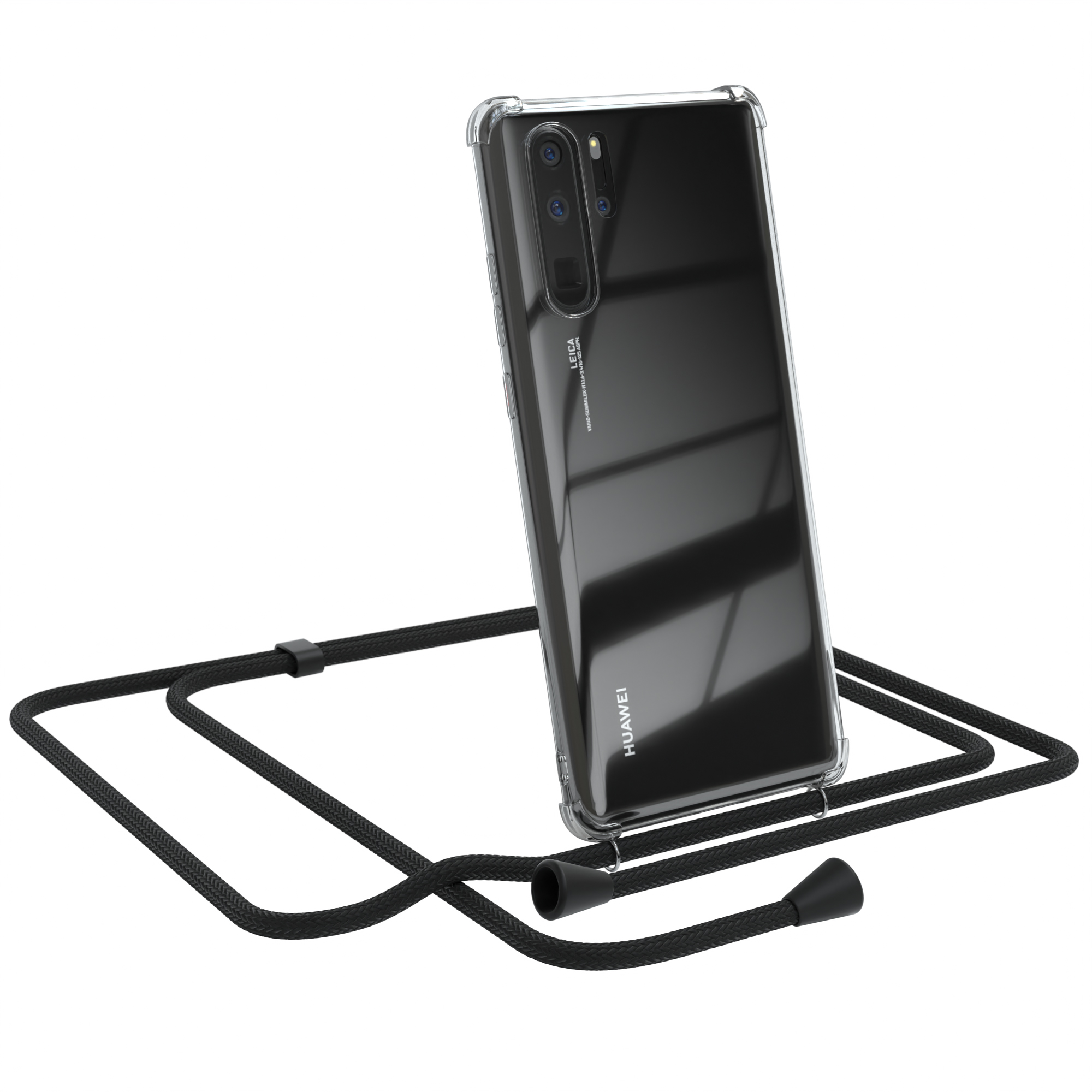 Transparente Handyhülle mit schwarzem Schlüsselband, Telefon angewinkelt. Huawei-Logo.