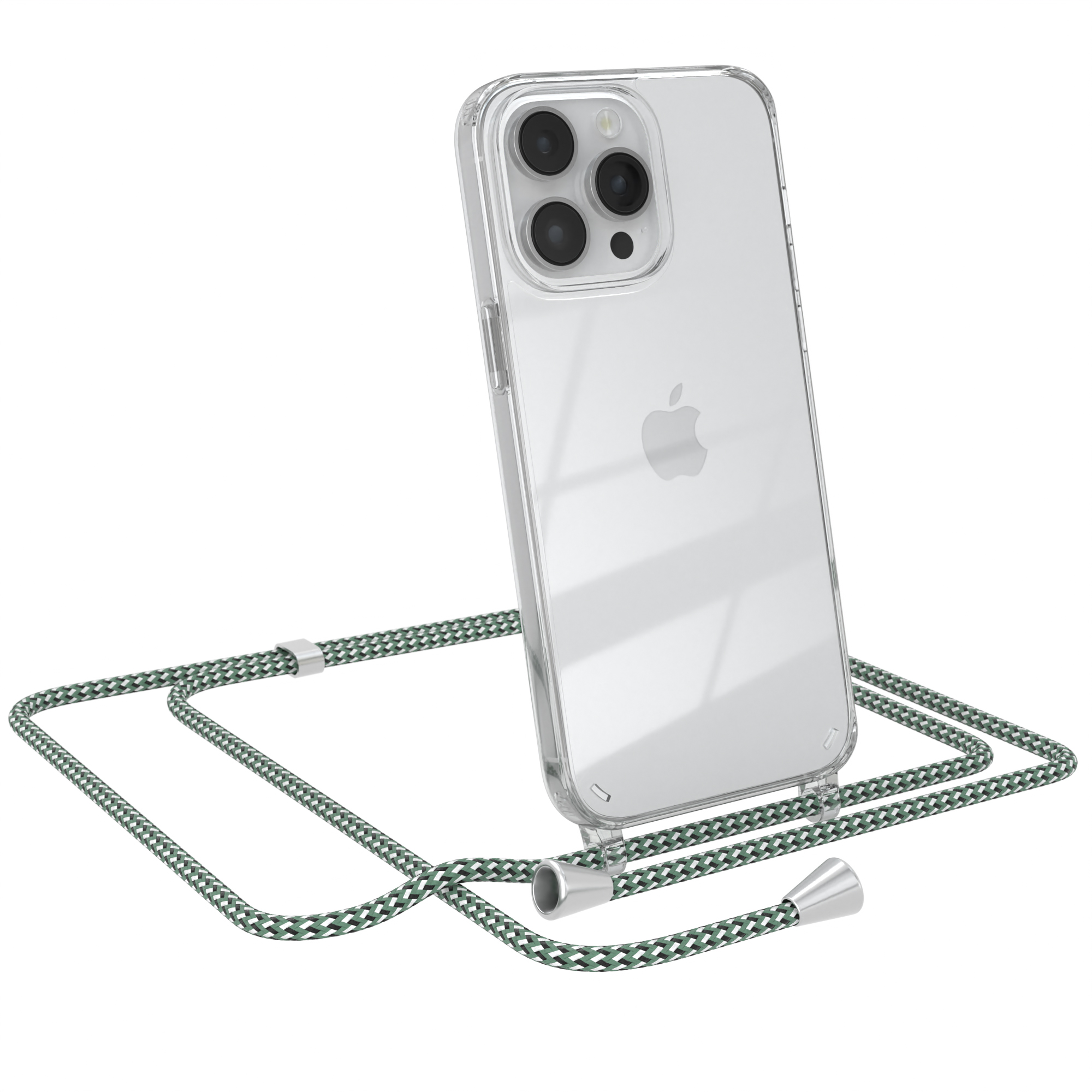 Transparente Handyhülle mit Telefon und grün-weißem Umhängeband auf weißem Grund.