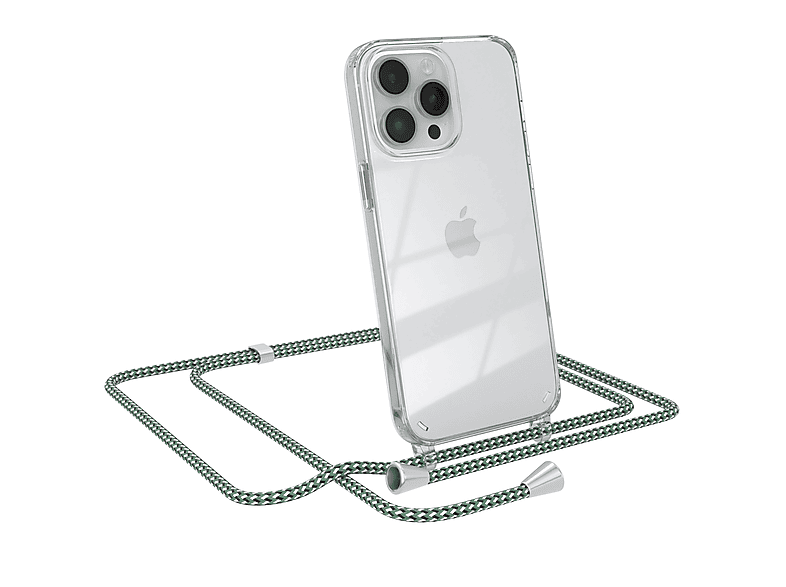 EAZY CASE Clear Cover mit Umhängeband, Umhängetasche, Apple, iPhone 14 Pro Max, Grün Weiß