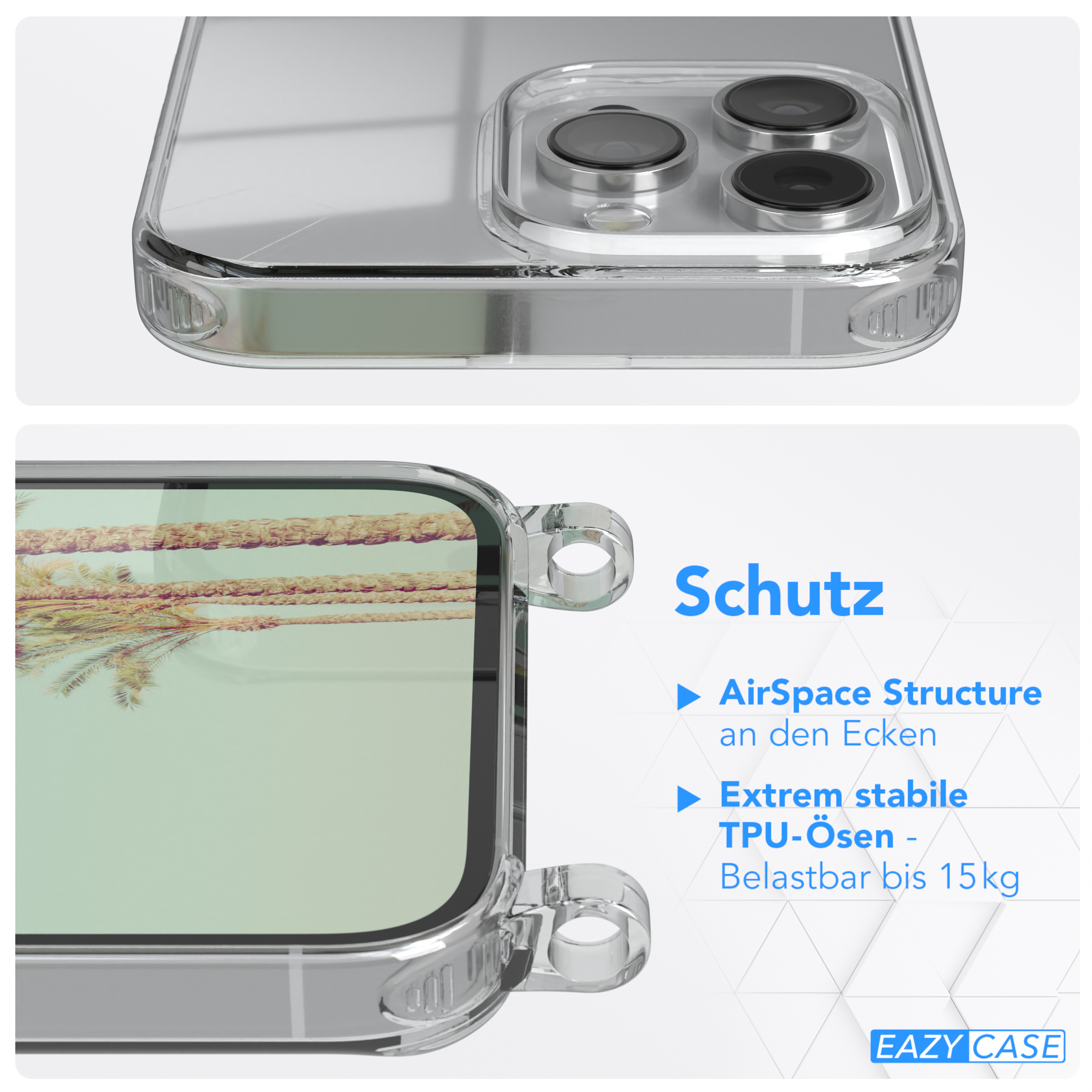 Nahaufnahme einer Handyhülle. Der Text "Schutz" und Details zur Hülle sind geschrieben.