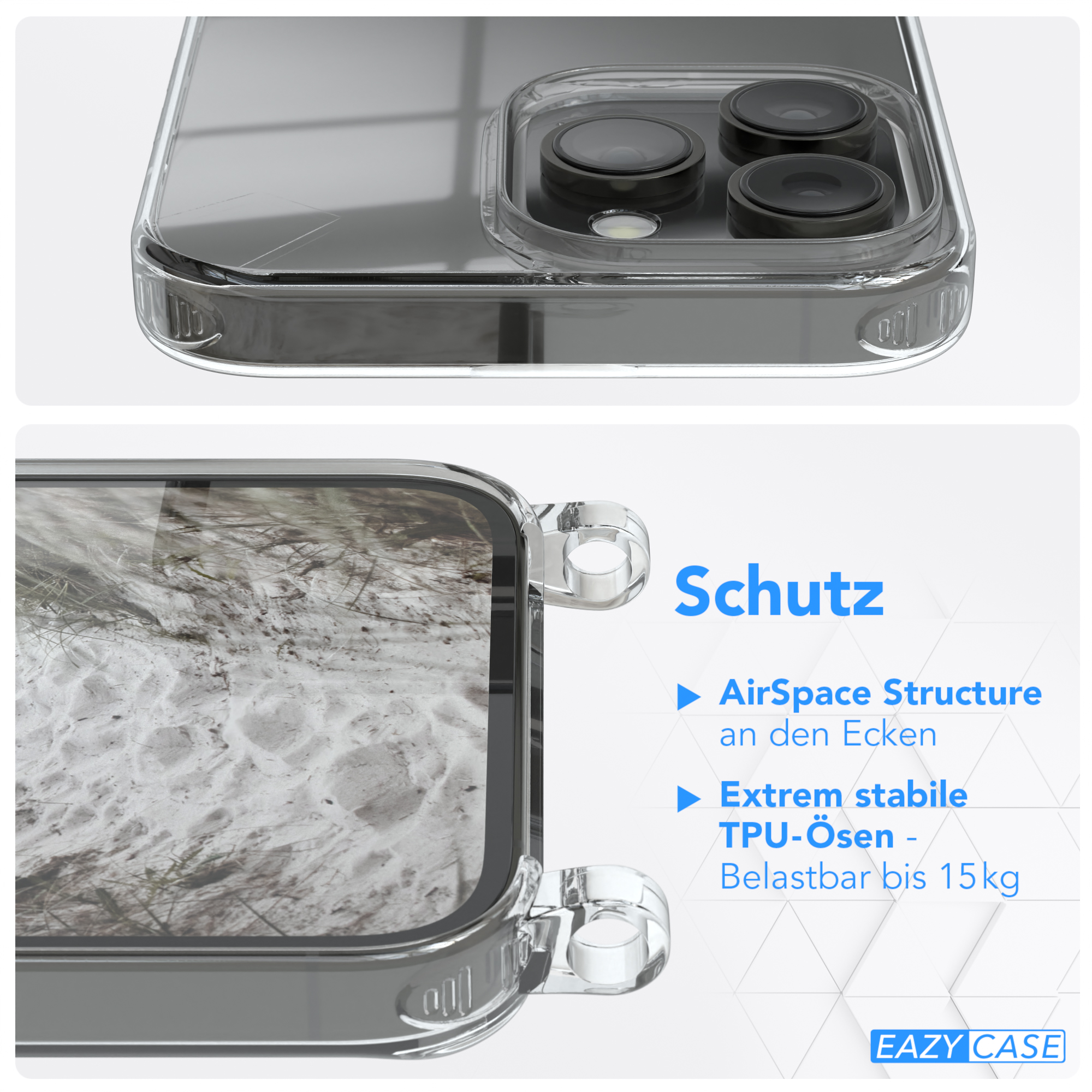 EAZY CASE Clear Cover mit Pro Umhängetasche, Umhängeband, Taupe Beige Apple, 14 iPhone Max