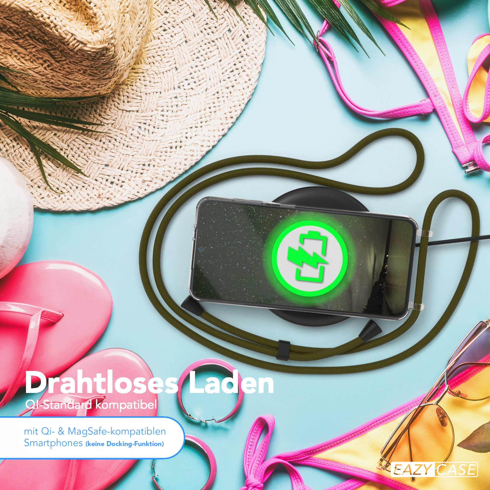 Ein Telefon auf einem kabellosen Ladegerät, umgeben von Strandaccessoires. Das Ladegerät zeigt ein Ladesymbol.