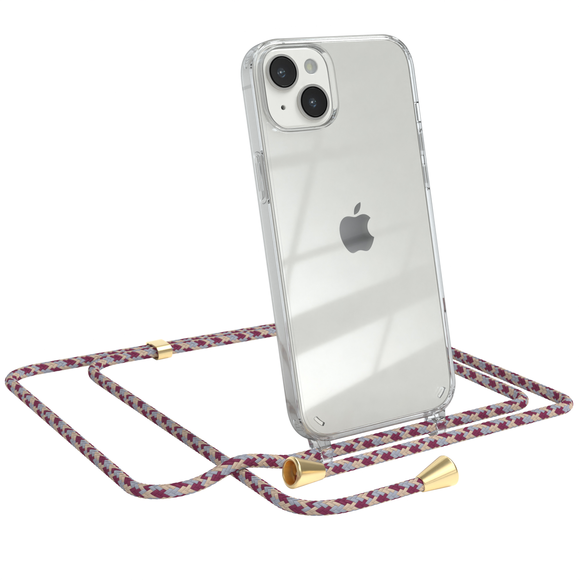 Transparente Handyhülle mit Umhängeband. Telefon hat drei Kameras, rotes/weißes Band.