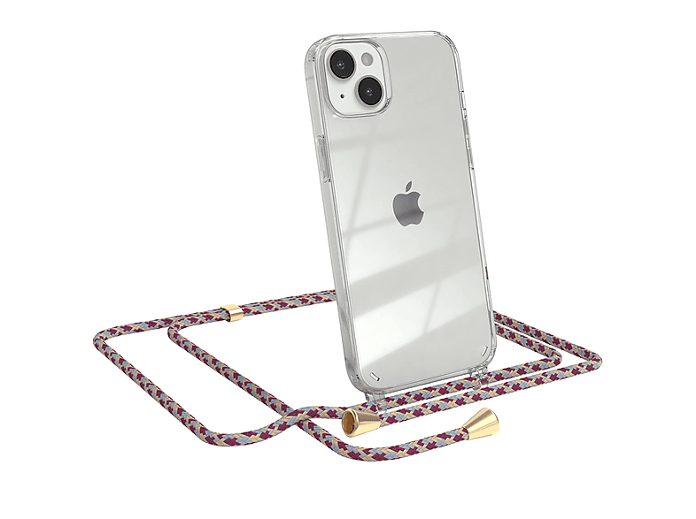 EAZY CASE Clear Beige Umhängetasche, Plus, Gold Apple, Cover Umhängeband, Camouflage mit 14 iPhone / Rot Clips