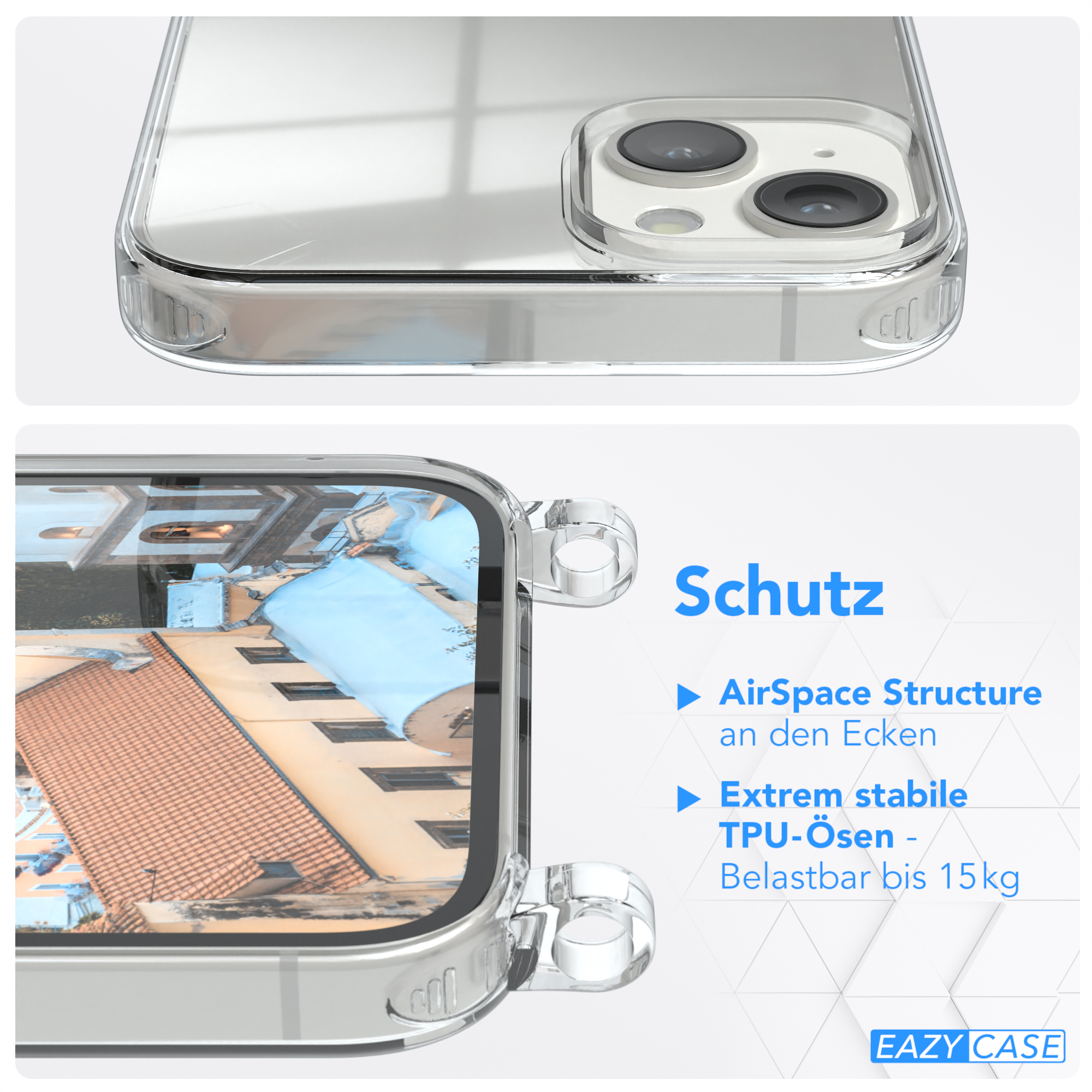 Eine transparente Handyhülle, die das Telefon aus verschiedenen Winkeln zeigt, mit Text über Schutz.