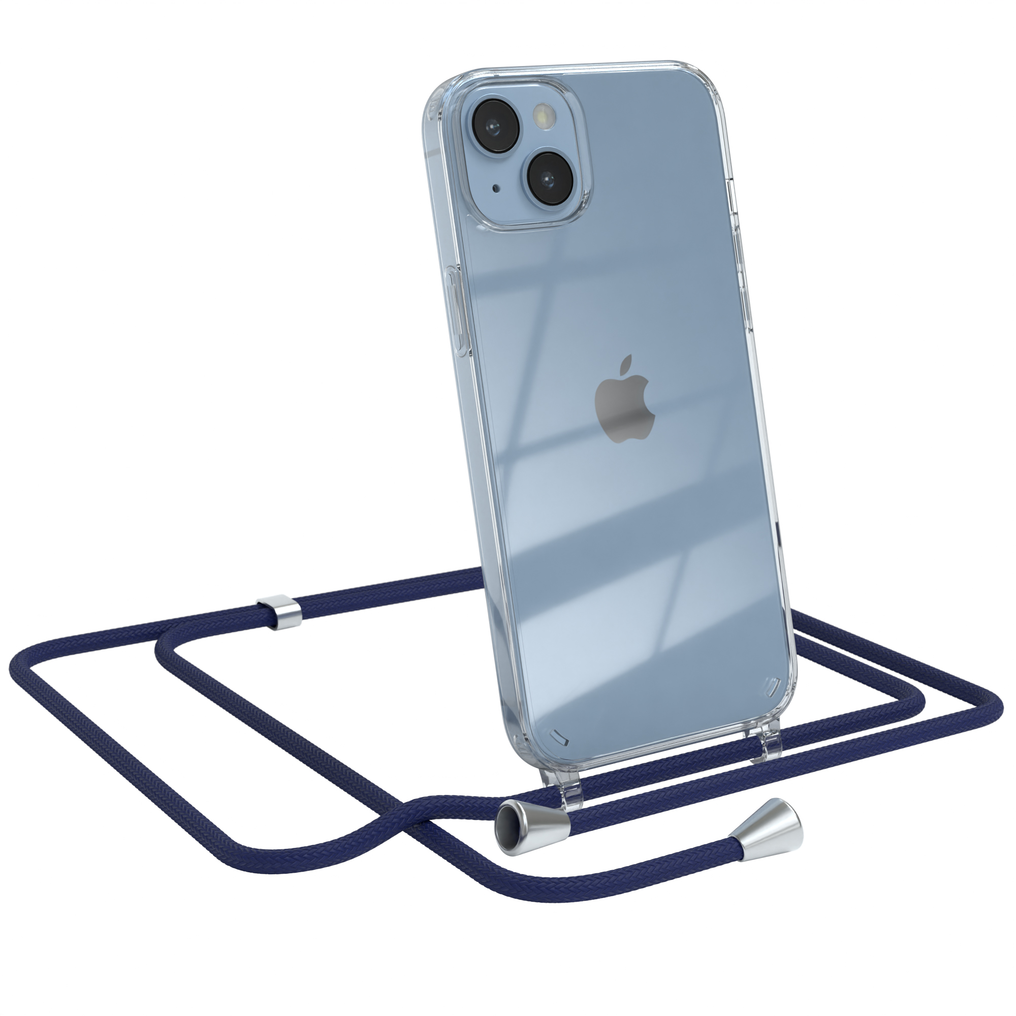 EAZY CASE Clear Cover mit Silber 14 / Clips Umhängetasche, iPhone Apple, Plus, Blau Umhängeband