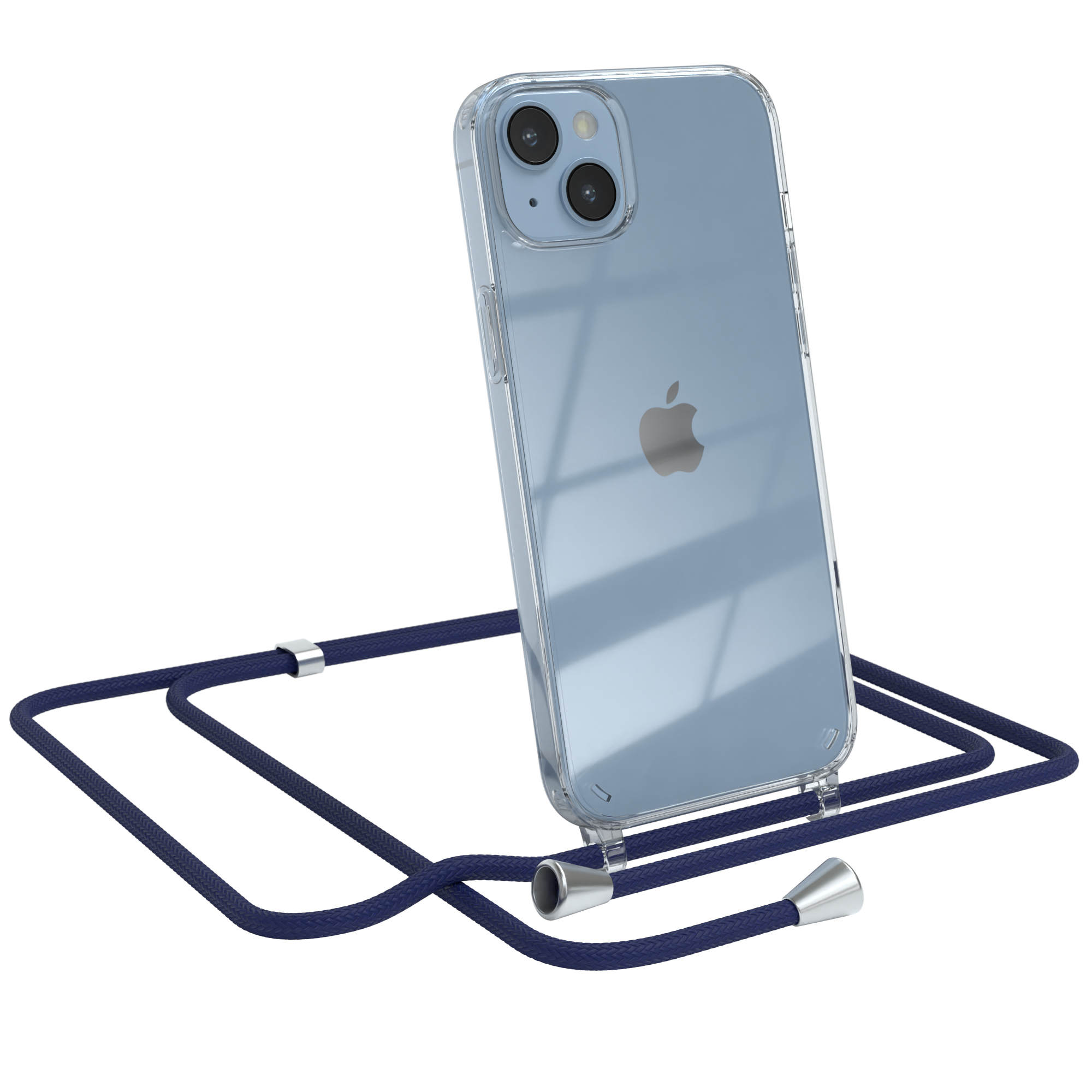Transparente Handyhülle mit blauer Kordel. Apple-Telefon sichtbar. Auf weißem Grund.