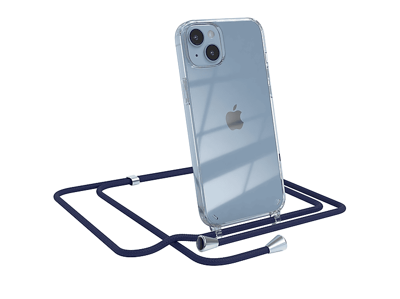 EAZY CASE Clear Cover mit Umhängeband, Umhängetasche, Apple, iPhone 14 Plus, Blau / Clips Silber