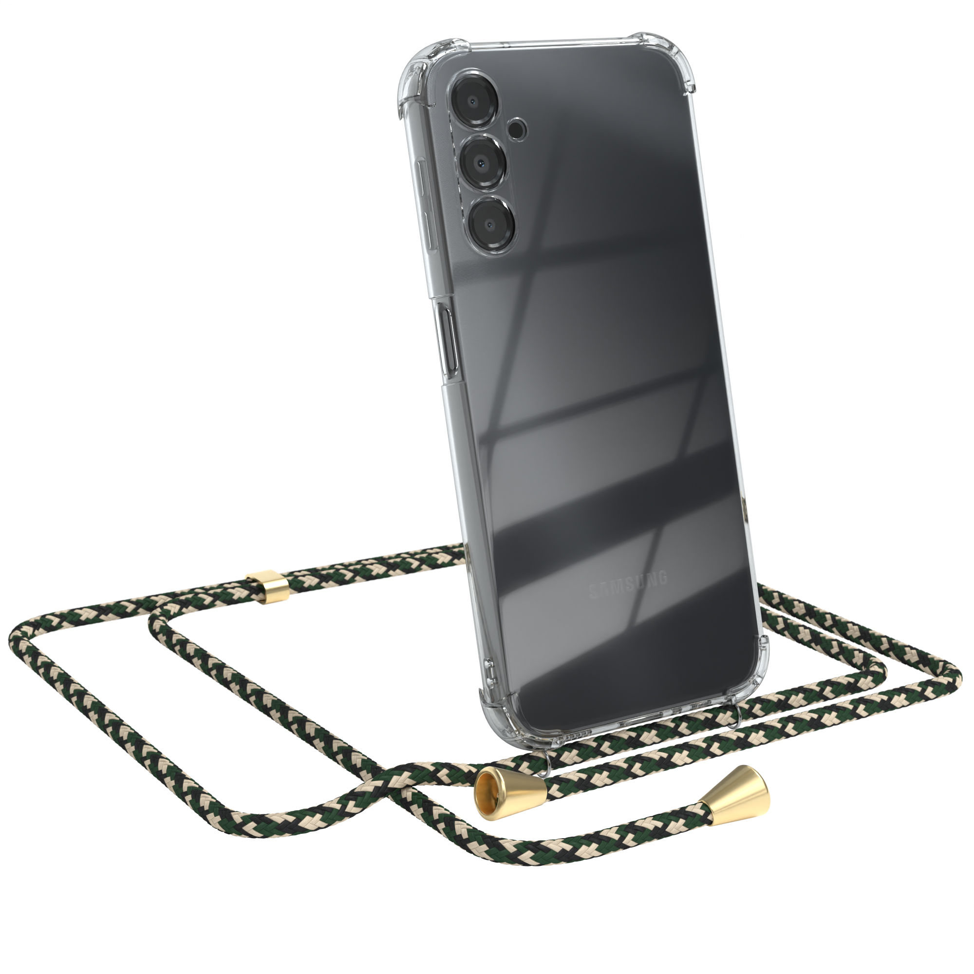 Transparente Handyhülle mit Camo-Kordel und schwarzem Telefon.
