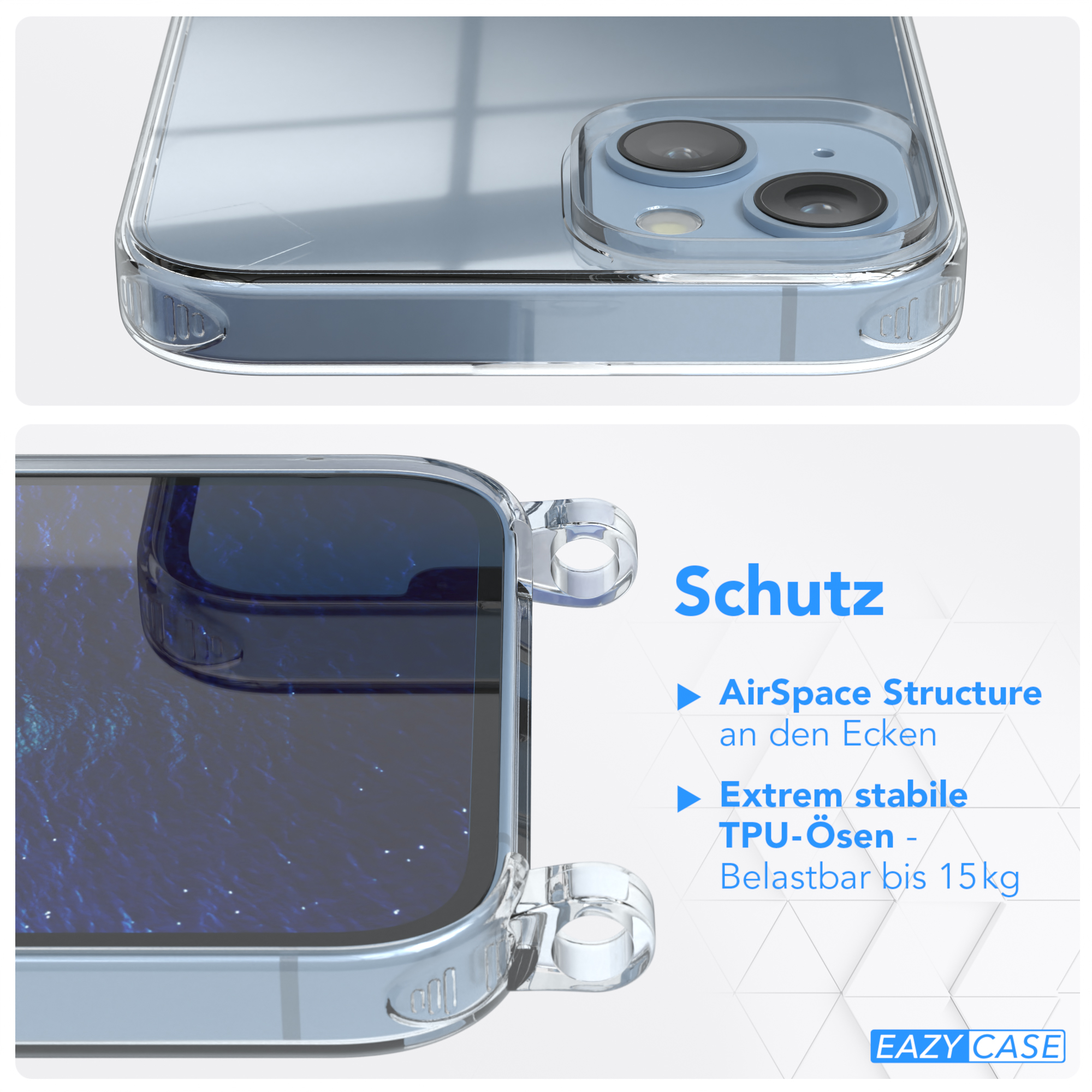Transparente Handyhülle mit Schutzfunktionen. Text auf Deutsch. Nahaufnahme, zeigt Handy und Hüllendetails.