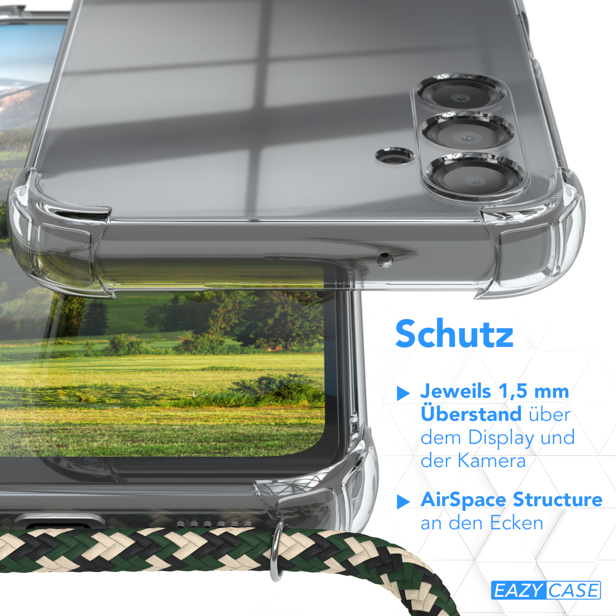 Eine transparente Handyhülle über einem Telefon, mit einem grünen Landschaftsfoto und dem Wort „Schutz“.