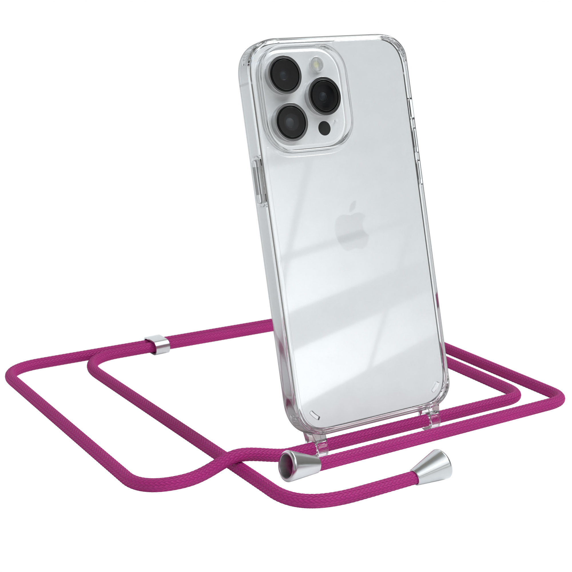 Telefon in transparentem Gehäuse mit pinkfarbenem Umhängeband. Ein Apple-Logo ist sichtbar.