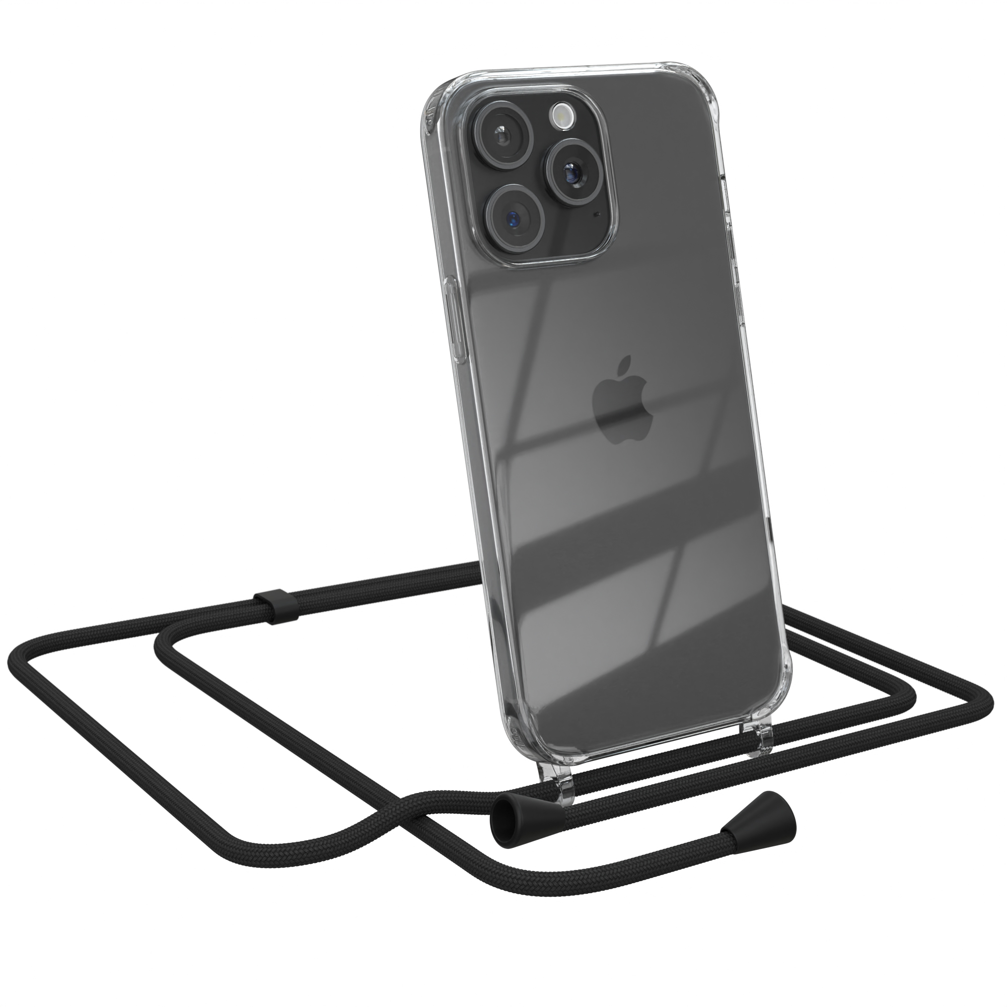 Transparente Handyhülle mit schwarzem Umhängeband. Apple-Logo sichtbar.