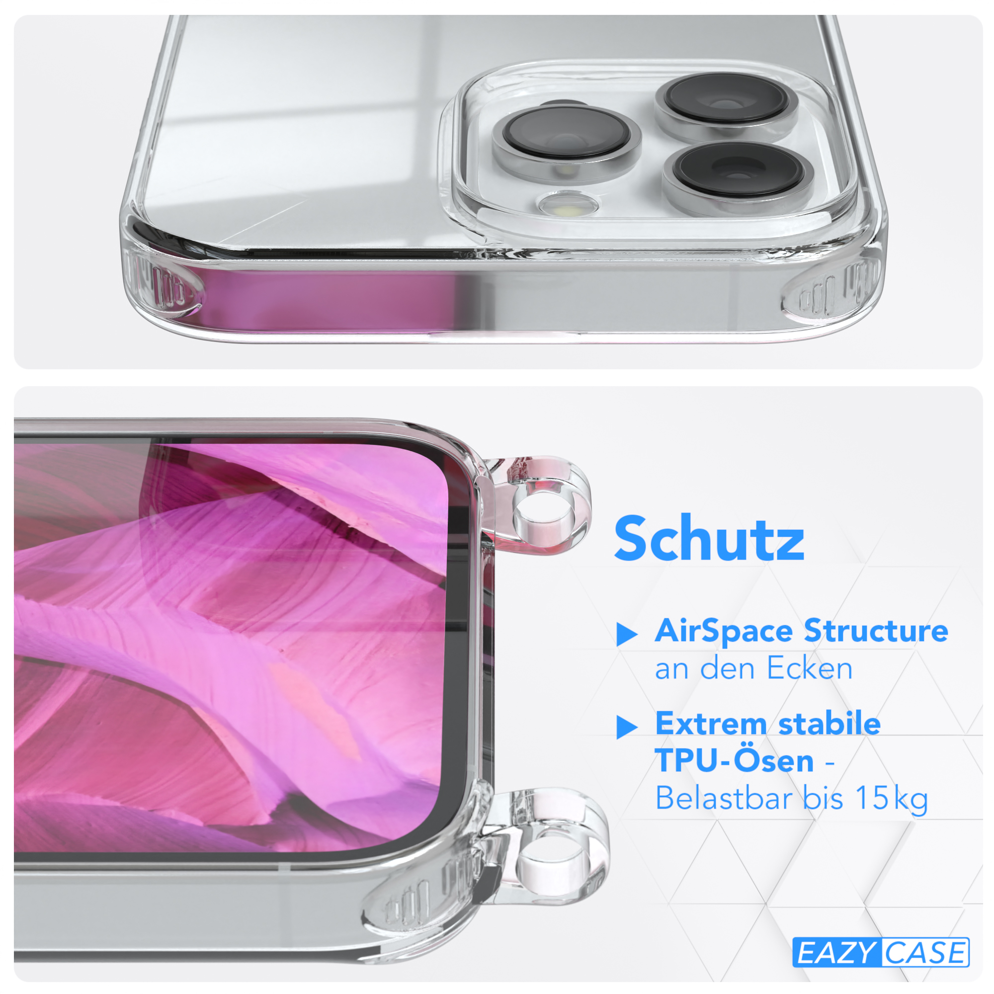 Nahaufnahme einer transparenten Handyhülle mit einem rosa Telefon darin. Die Hülle hat verstärkte Ecken und Löcher.