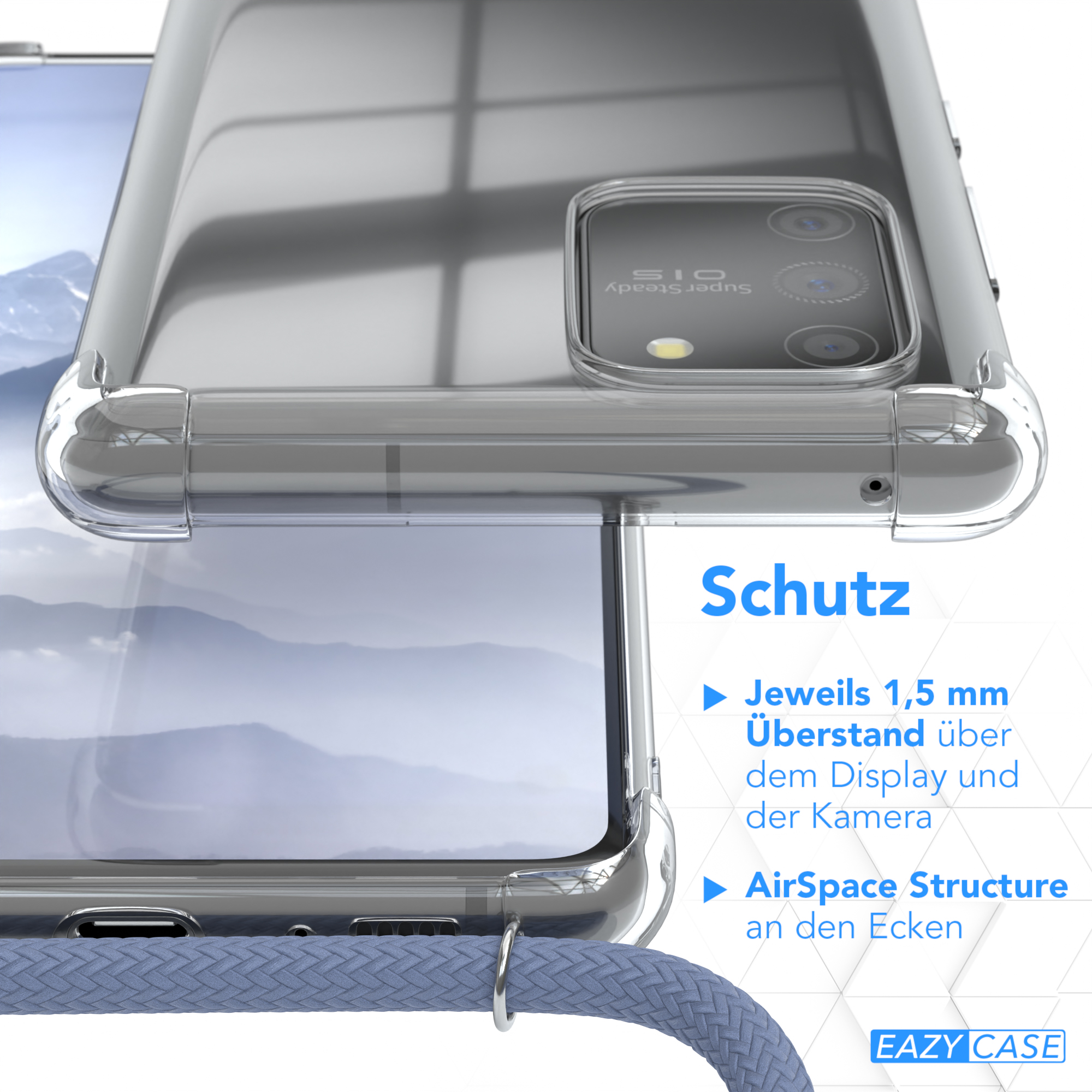 Detail einer transparenten Handyhülle mit Ober- und Seitenansicht mit Text 'Schutz'.