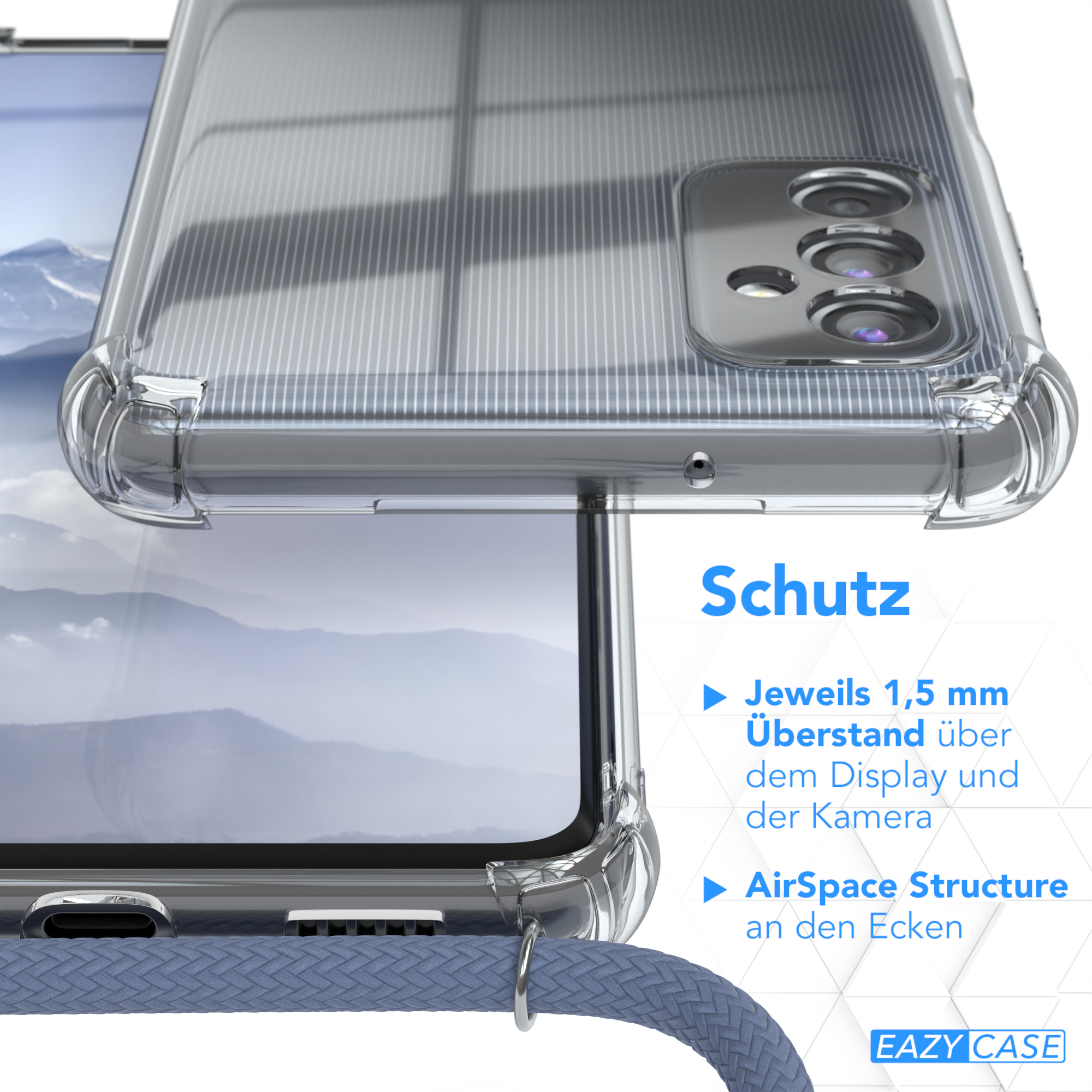 Transparente Handyhülle mit Details. Text: Schutz, 1,5 mm Überstand, AirSpace Structure, EAZY CASE Logo.