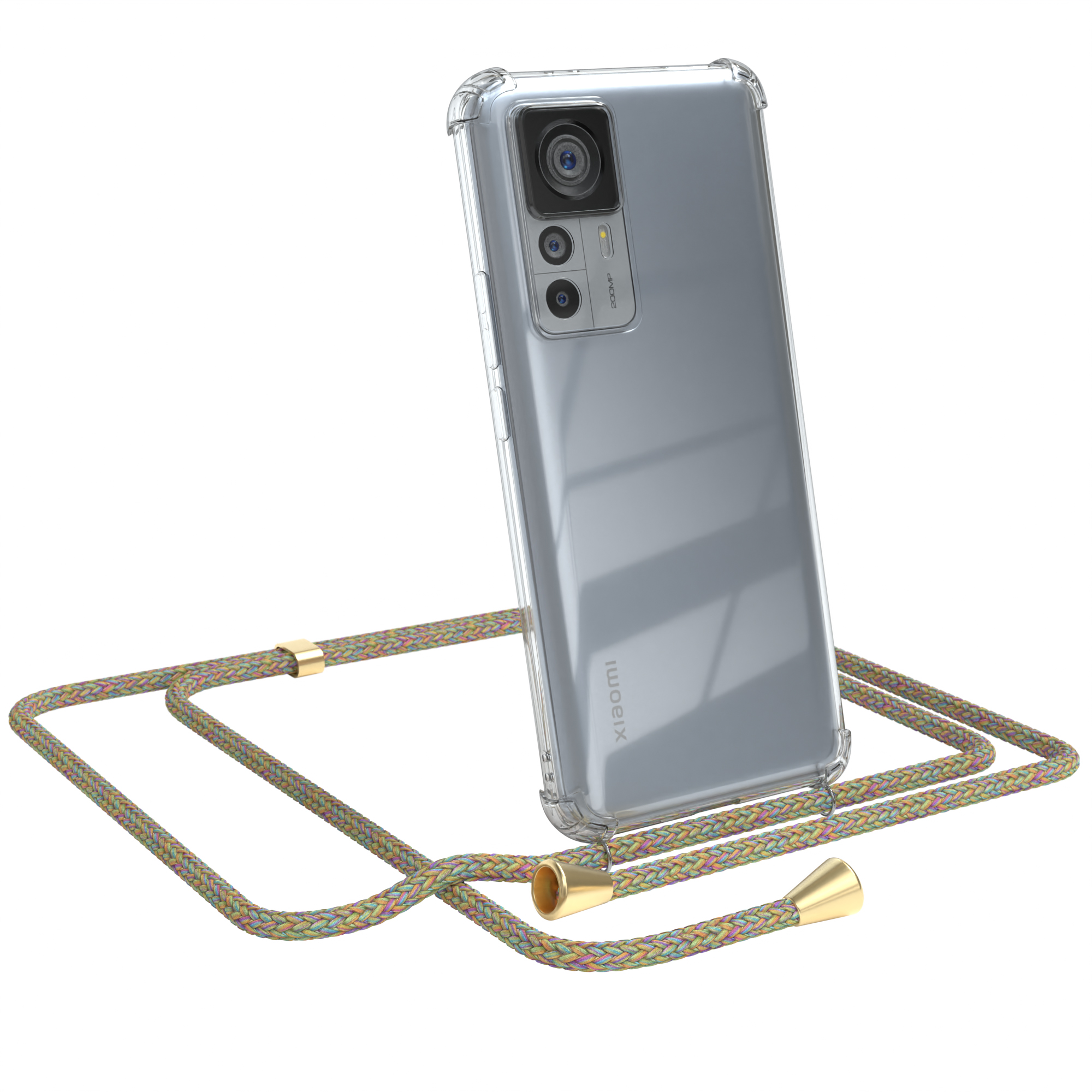 Schwarzes Telefon in einer transparenten Hülle mit einem bunten Riemen. Das Telefon lehnt sich an.