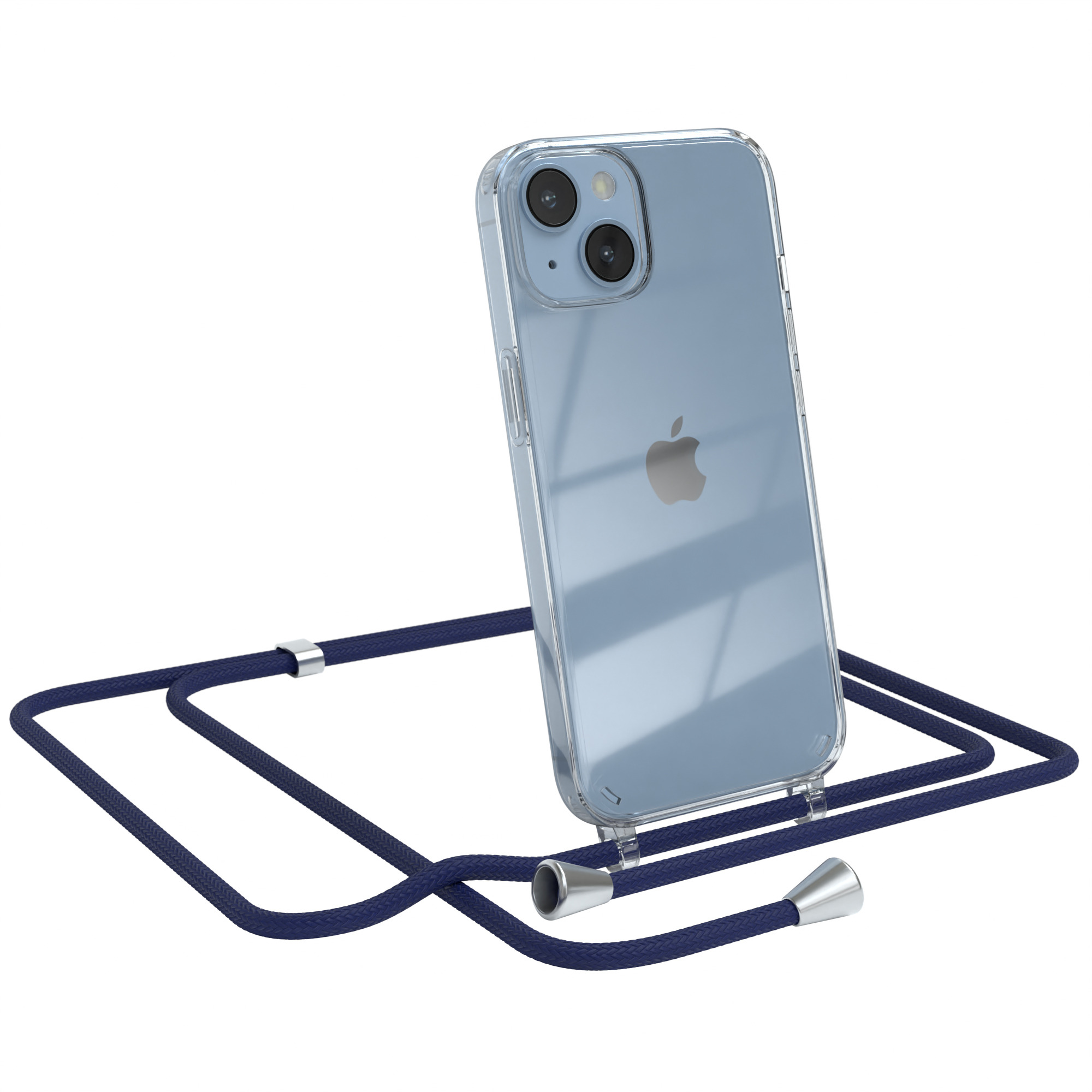 Transparente Handyhülle mit marineblauem Band. Apple-Logo sichtbar. Weißer Hintergrund. Telefon abgewinkelt.