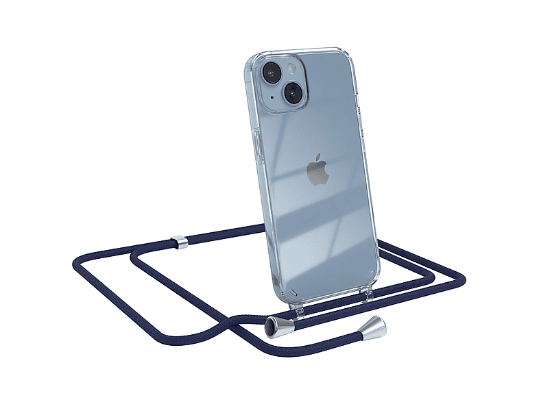 EAZY CASE Clear Cover mit Umhängeband, Umhängetasche, Apple, iPhone 14, Blau / Clips Silber