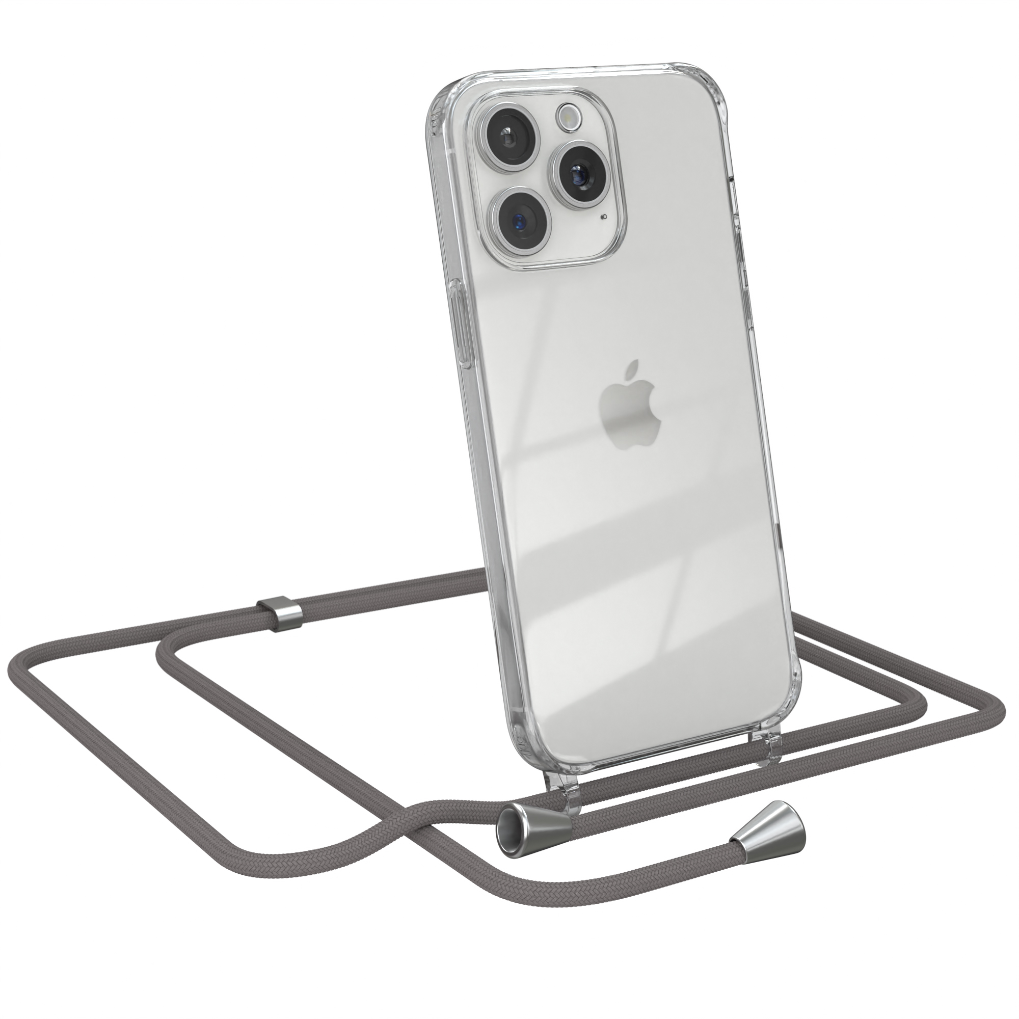 Ein iPhone in einer transparenten Hülle mit einem grauen Kabel.