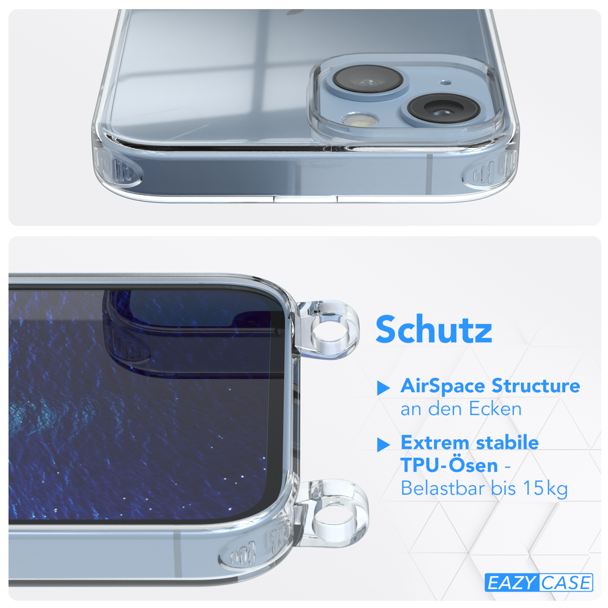 Cover Apple, Clips EAZY Silber Clear Blau Umhängeband, iPhone mit CASE / Umhängetasche, 14,