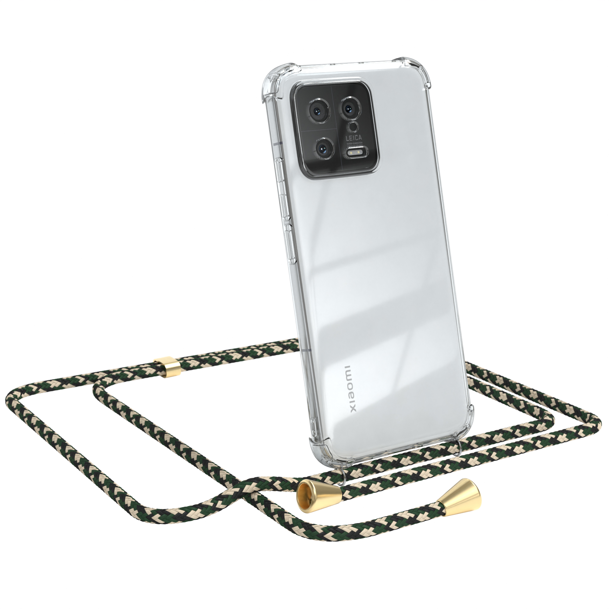 Telefon in klarer Hülle mit grün-schwarzem Umhängeband, auf weißem Grund.