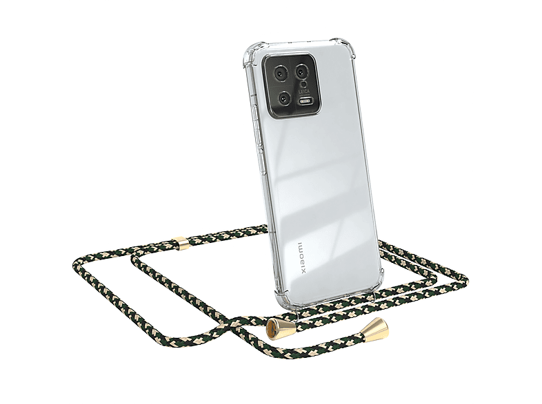 EAZY CASE Clear Cover mit Umhängeband, Umhängetasche, Xiaomi, 13, Grün Camouflage / Clips Gold